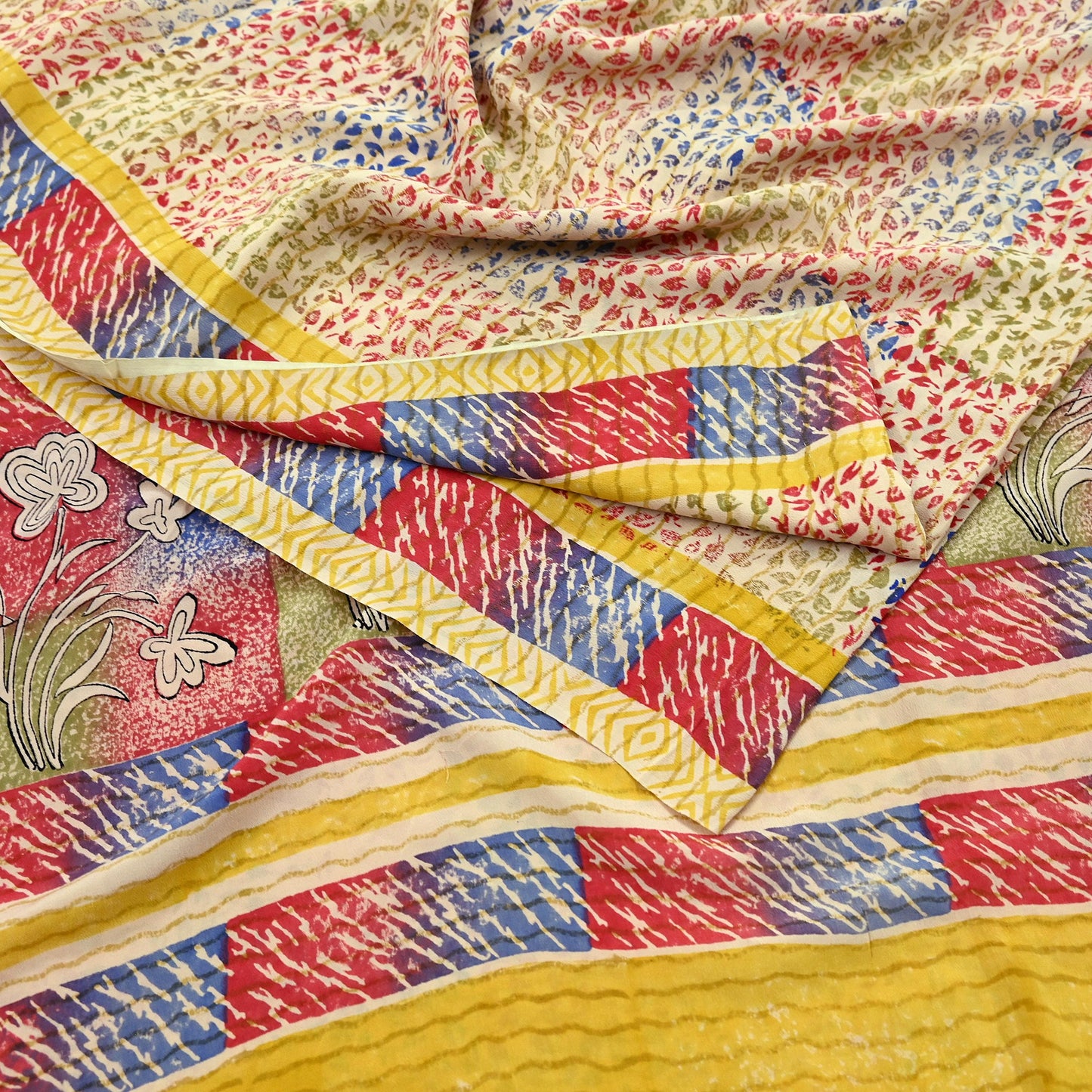 Indian Vintage Sari Beige Pure Crepe Silk Block Printed Sarees 6yd Sewing Floral Soft Craft Fabric Wrap Dress Making Crafting Quilting