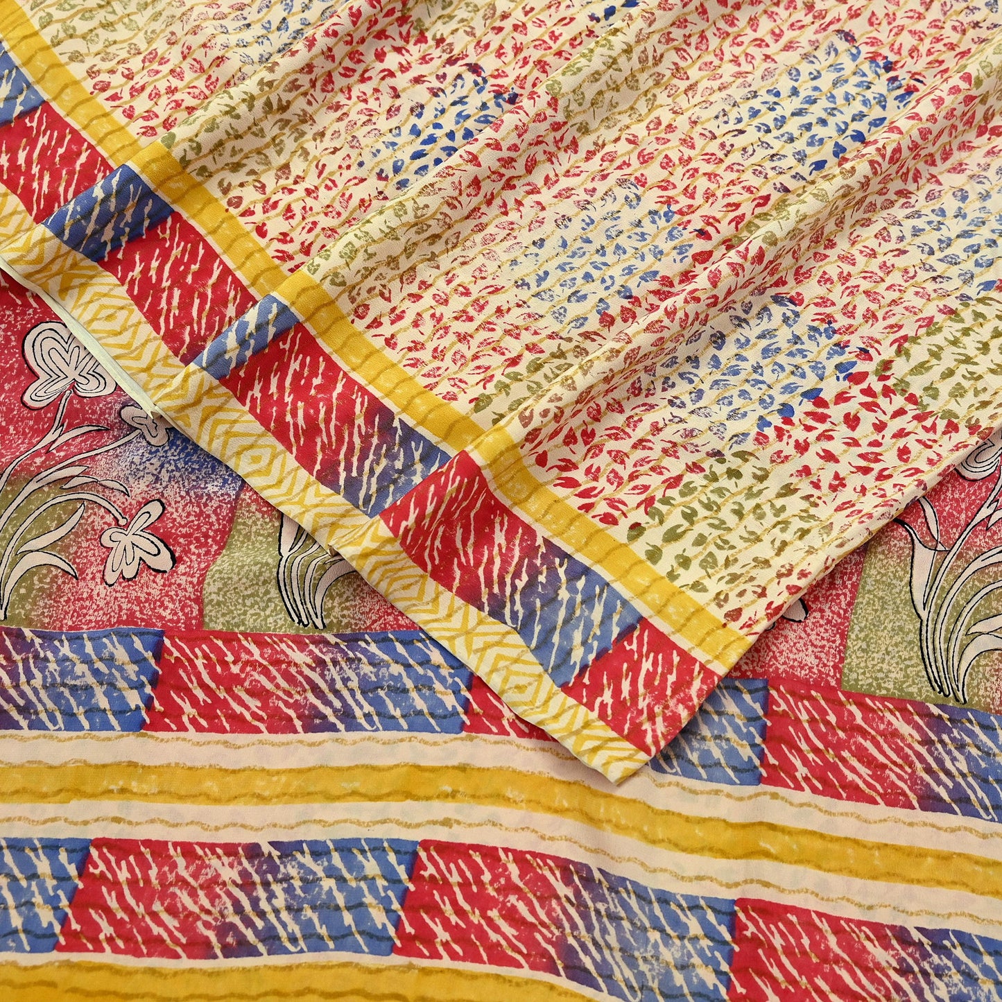 Indian Vintage Sari Beige Pure Crepe Silk Block Printed Sarees 6yd Sewing Floral Soft Craft Fabric Wrap Dress Making Crafting Quilting