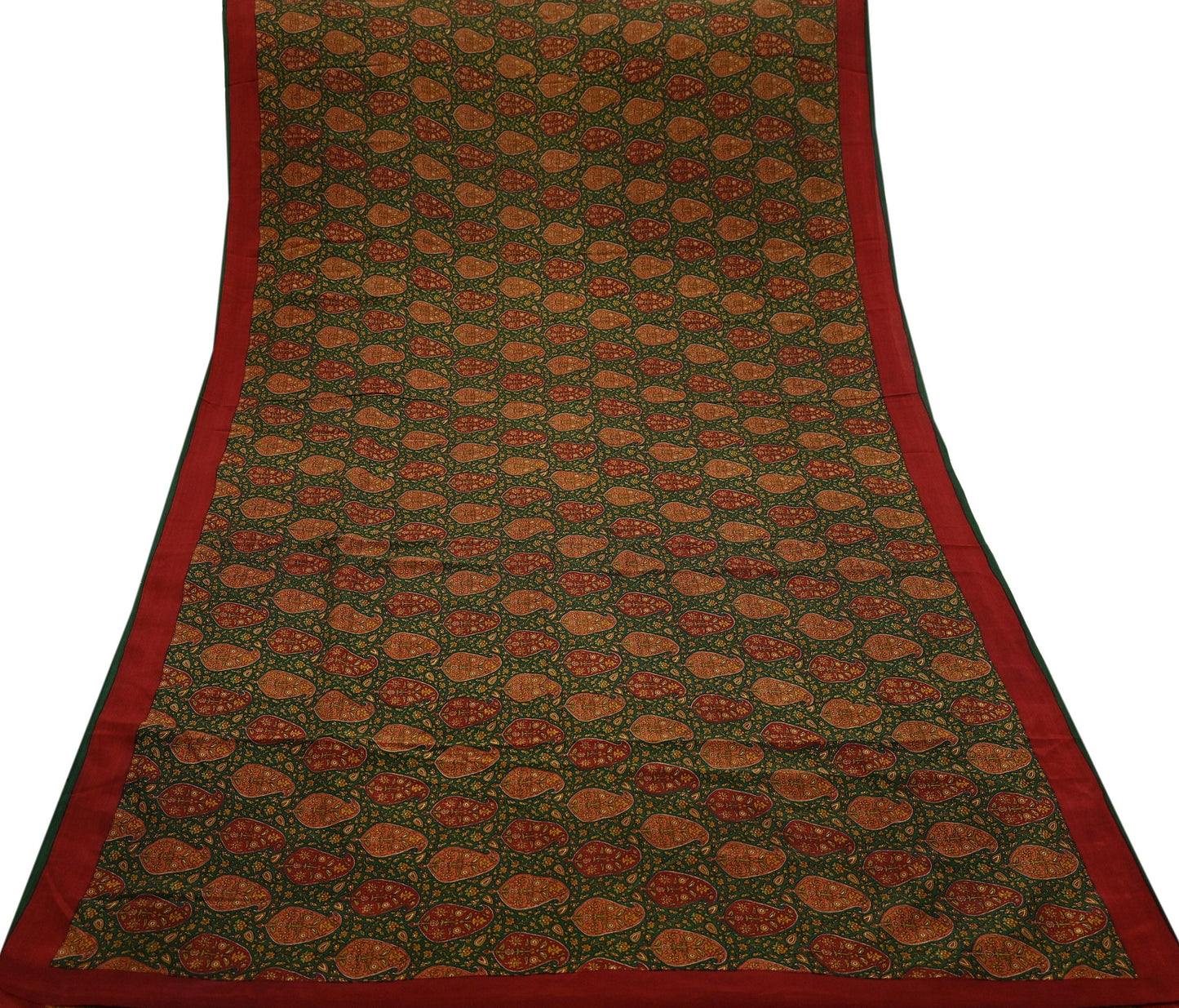 Indian Vintage Sari Green Pure Crepe Silk Printed Sarees 5yd Sewing Soft Craft Fabric Wrap Upcycle Quilting Crafting Dress making paisley