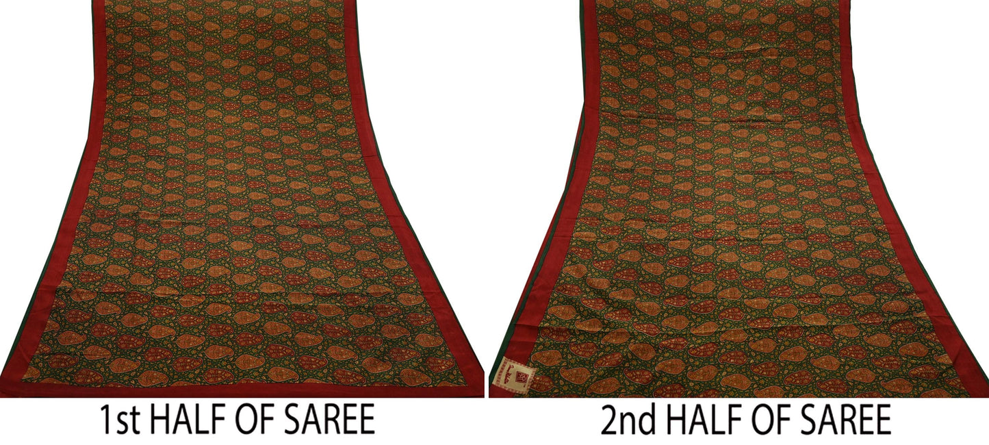 Indian Vintage Sari Green Pure Crepe Silk Printed Sarees 5yd Sewing Soft Craft Fabric Wrap Upcycle Quilting Crafting Dress making paisley