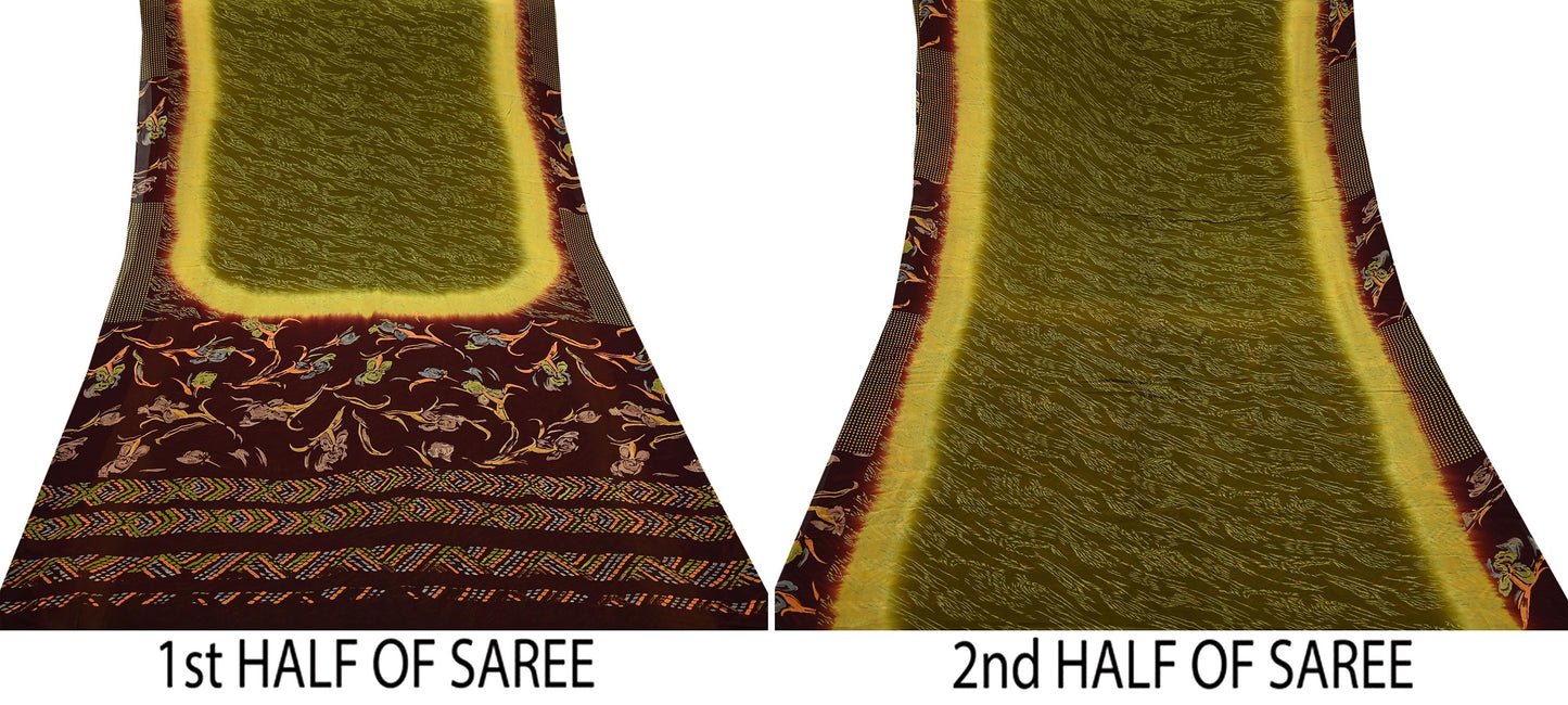 Women Vintage Sari Green & Brown Pure Georgette Silk Printed Saree Craft Fabric Sewing 5Yard Soft Light Dress Making Floral