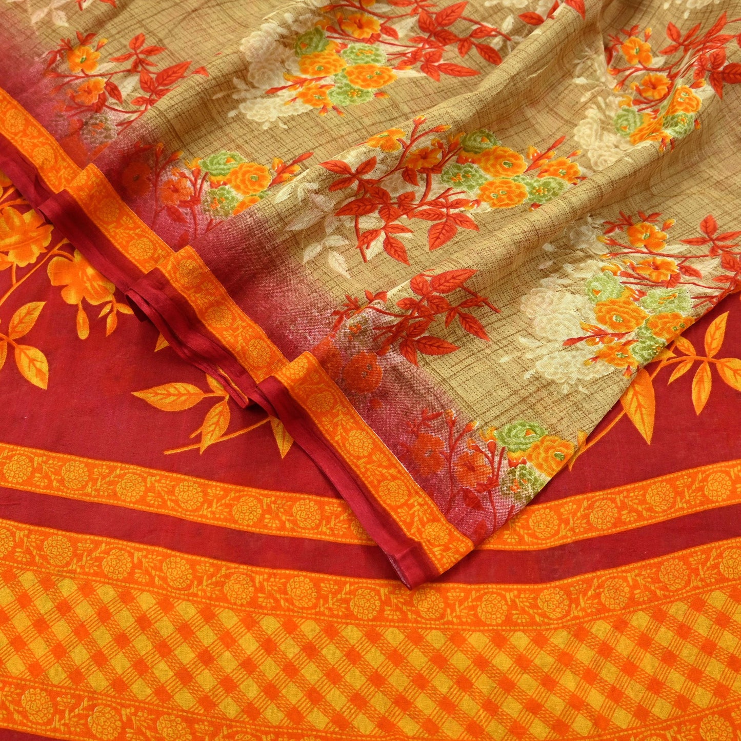 Indian Vintage Red & Beige Saree Printed 100% Pure Cotton Sari Craft Fabric 5Yd Soft Sewing Sarong Wrap Dress Making Quilting Crafting