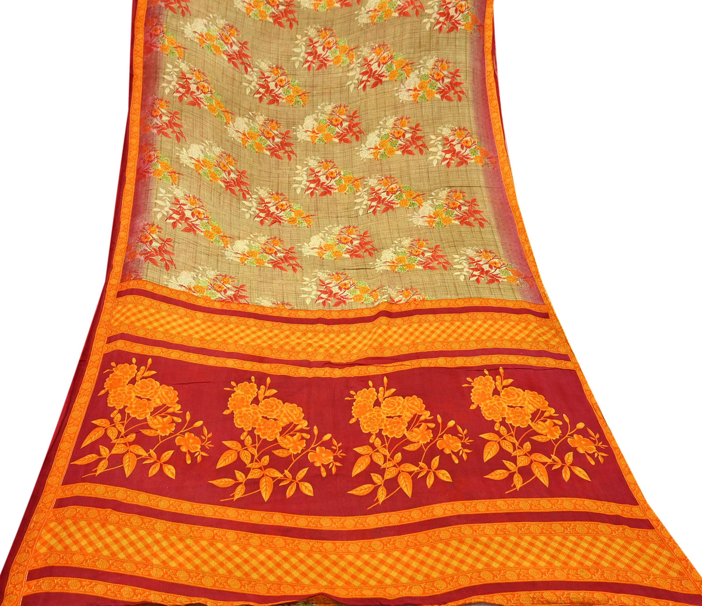 Indian Vintage Red & Beige Saree Printed 100% Pure Cotton Sari Craft Fabric 5Yd Soft Sewing Sarong Wrap Dress Making Quilting Crafting