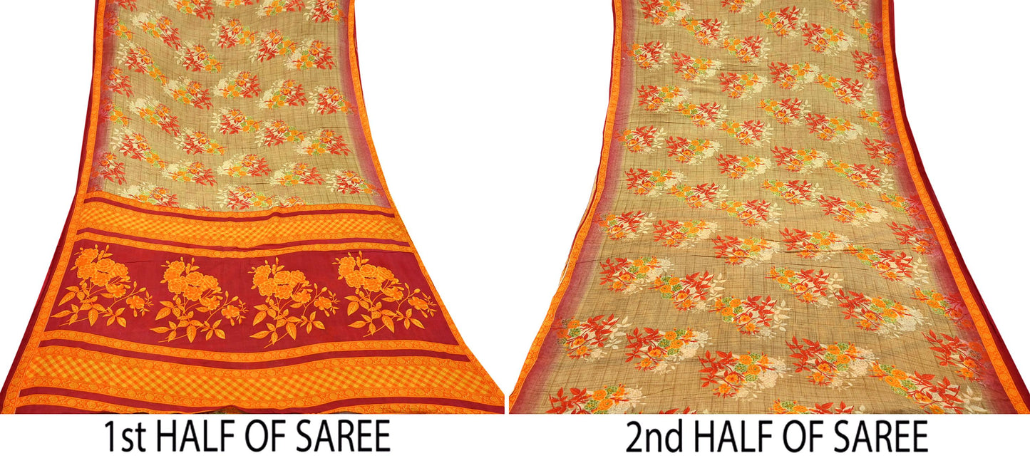 Indian Vintage Red & Beige Saree Printed 100% Pure Cotton Sari Craft Fabric 5Yd Soft Sewing Sarong Wrap Dress Making Quilting Crafting
