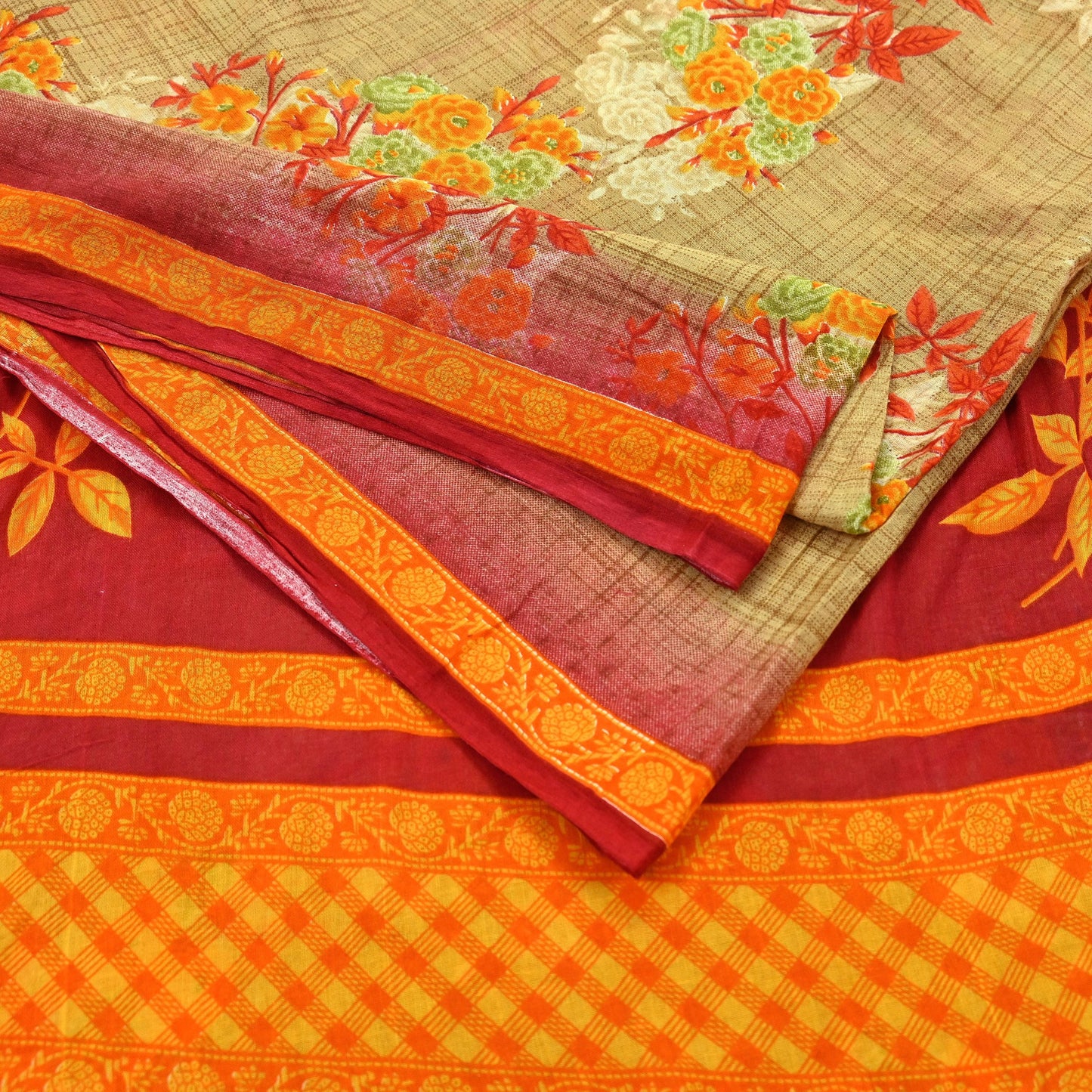 Indian Vintage Red & Beige Saree Printed 100% Pure Cotton Sari Craft Fabric 5Yd Soft Sewing Sarong Wrap Dress Making Quilting Crafting