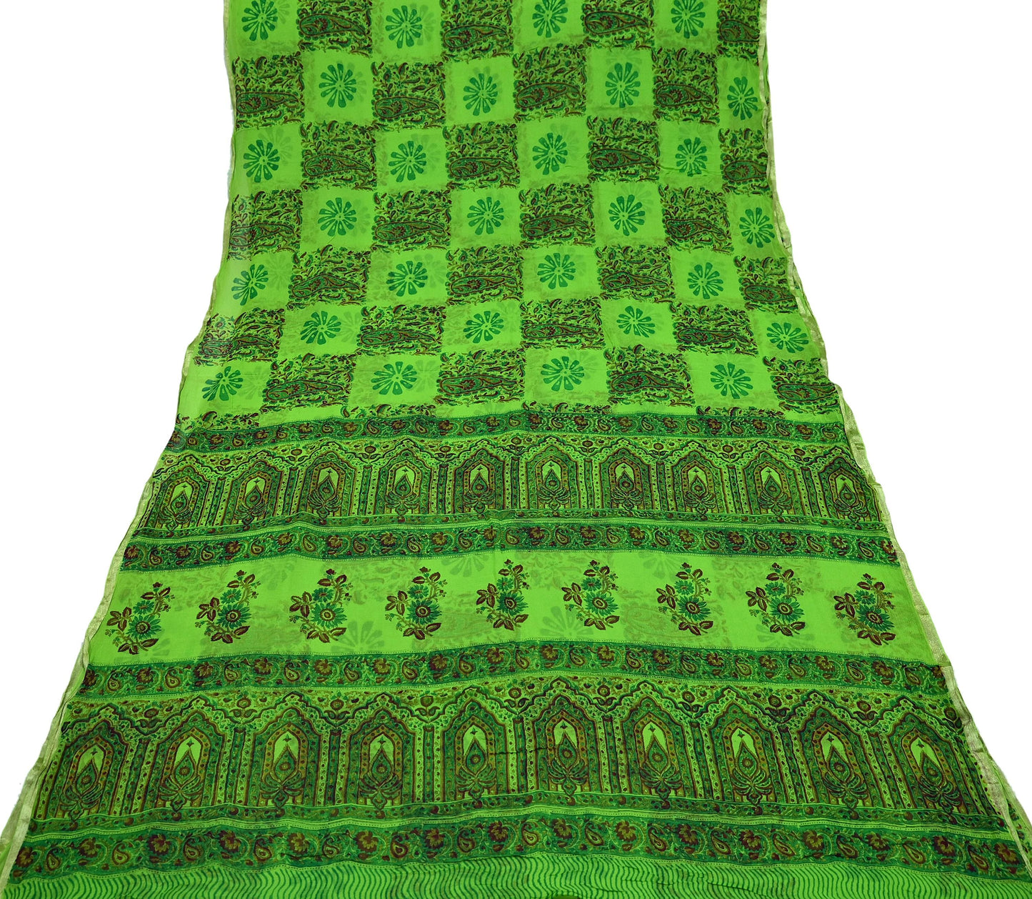 Indian Women Vintage Green Sarees Blend Chiffon Printed Sari Sewing 5yd Soft Craft Fabric Floral Wrap Boho Zari Quilting Blouse Fabric
