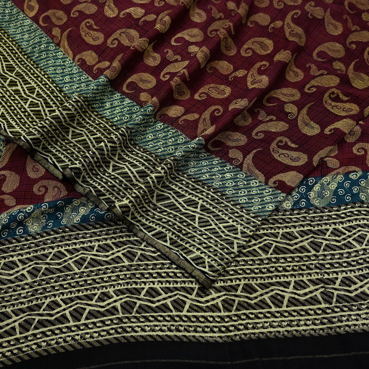 Indian Women Vintage Maroon & Black Saree 100% Pure Georgette Silk Printed Sari Sewing 5yd Soft Craft Fabric Stripes Dress Making Crafting