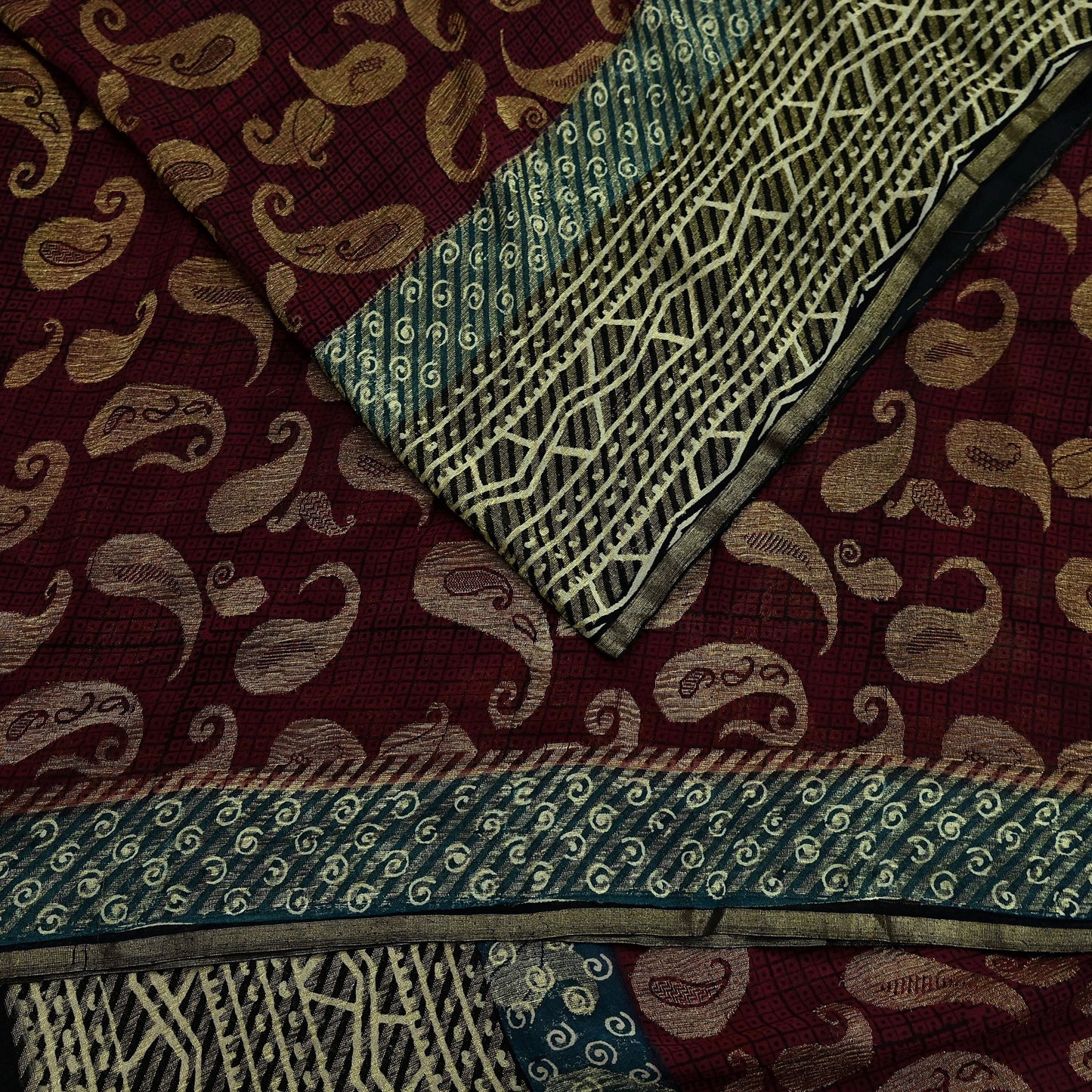 Indian Women Vintage Maroon & Black Saree 100% Pure Georgette Silk Printed Sari Sewing 5yd Soft Craft Fabric Stripes Dress Making Crafting