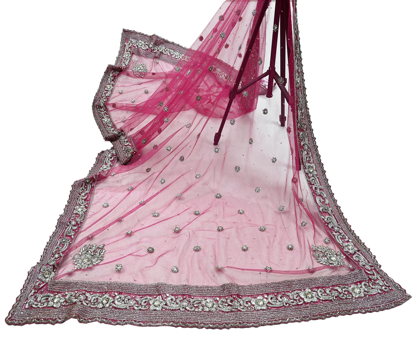 Indian Vintage Heavy Bridal Pink Dupatta Net Mesh Long Stole Hand Embroidered Scarves Silver Zardozi Dabka Zari Sequins Wedding veil