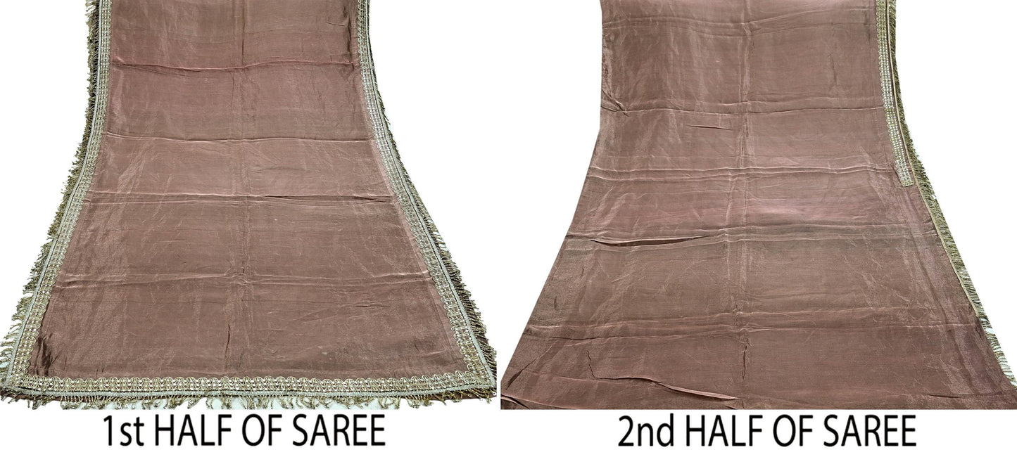 Indian Vintage Copper Brown Heavy Saree Hand Embroidered Designer Tissue Silk Sari Fabric 6Yd Ethnic Floral Zari Brocade border