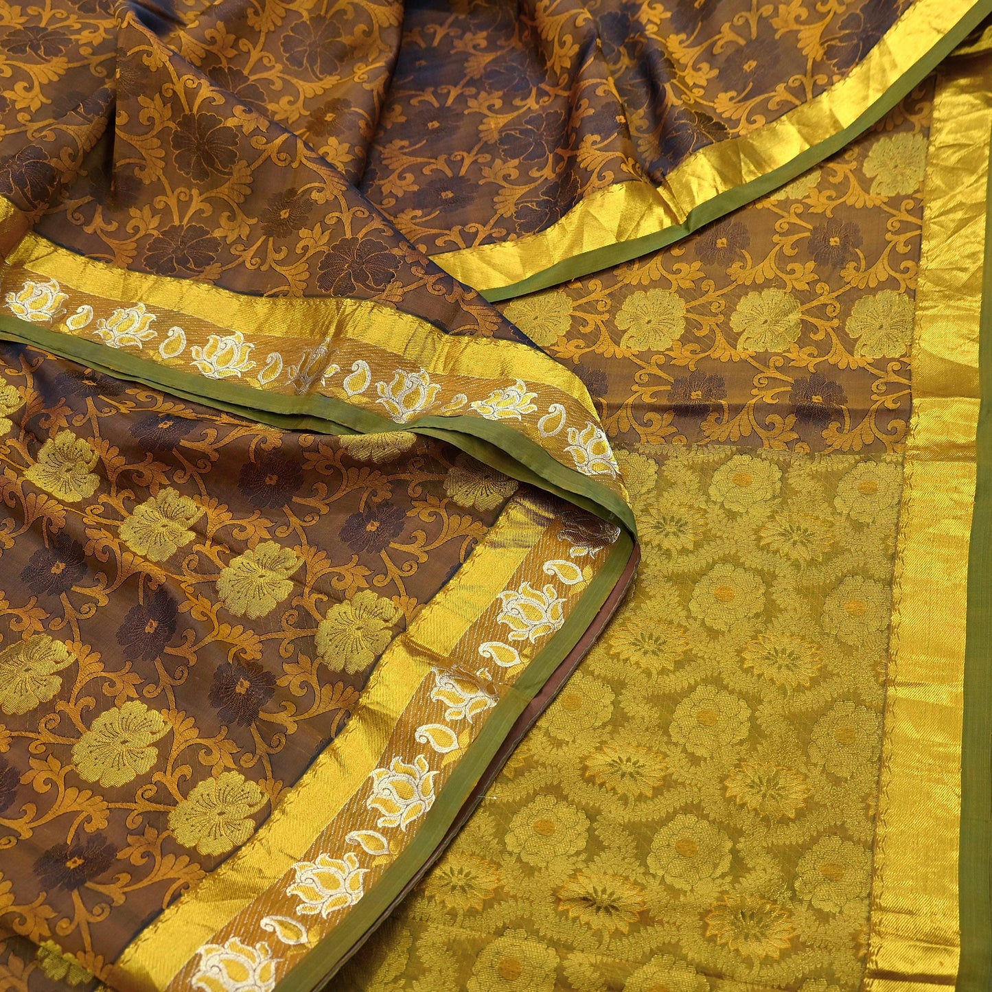Indian Vintage Heavy Green & Mustard Kanjivaram Saree 100% Pure Silk Sari Zari 6Yd Floral Crafting Dress making Crafting Quilting