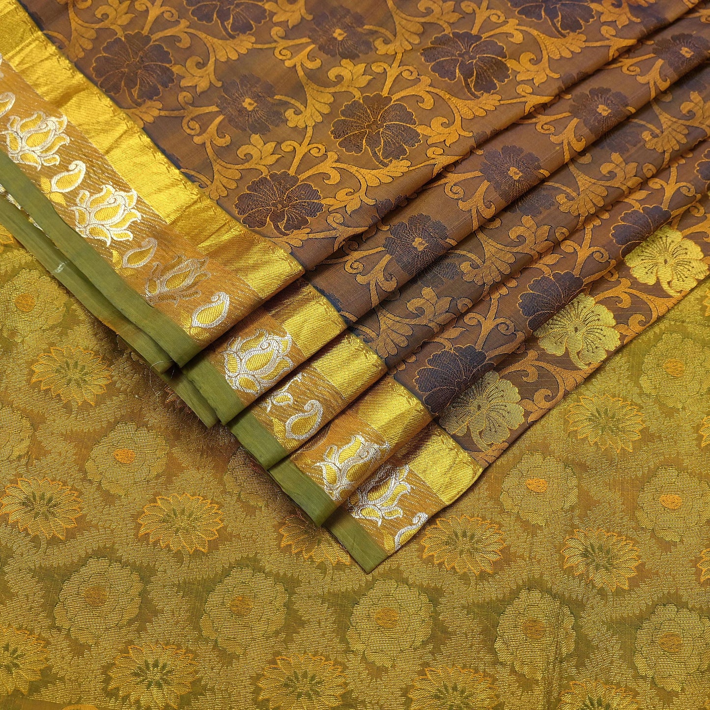Indian Vintage Heavy Green & Mustard Kanjivaram Saree 100% Pure Silk Sari Zari 6Yd Floral Crafting Dress making Crafting Quilting