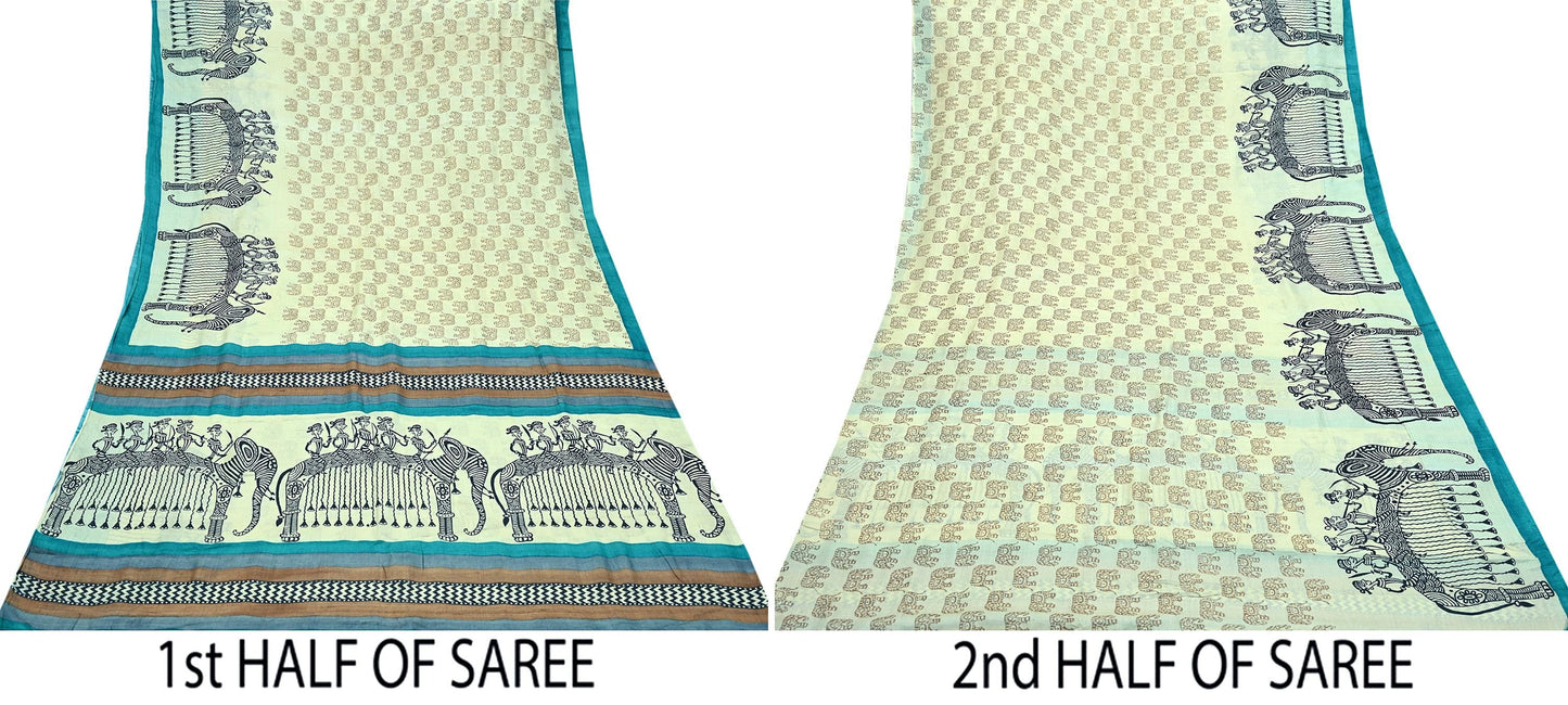 Indian Vintage Ivory Saree Pure Khadi Silk Handloom Printed Sari Fabric 6yd Ethnic Wear Sari Stripes Elephants Designs Dress making Crafting