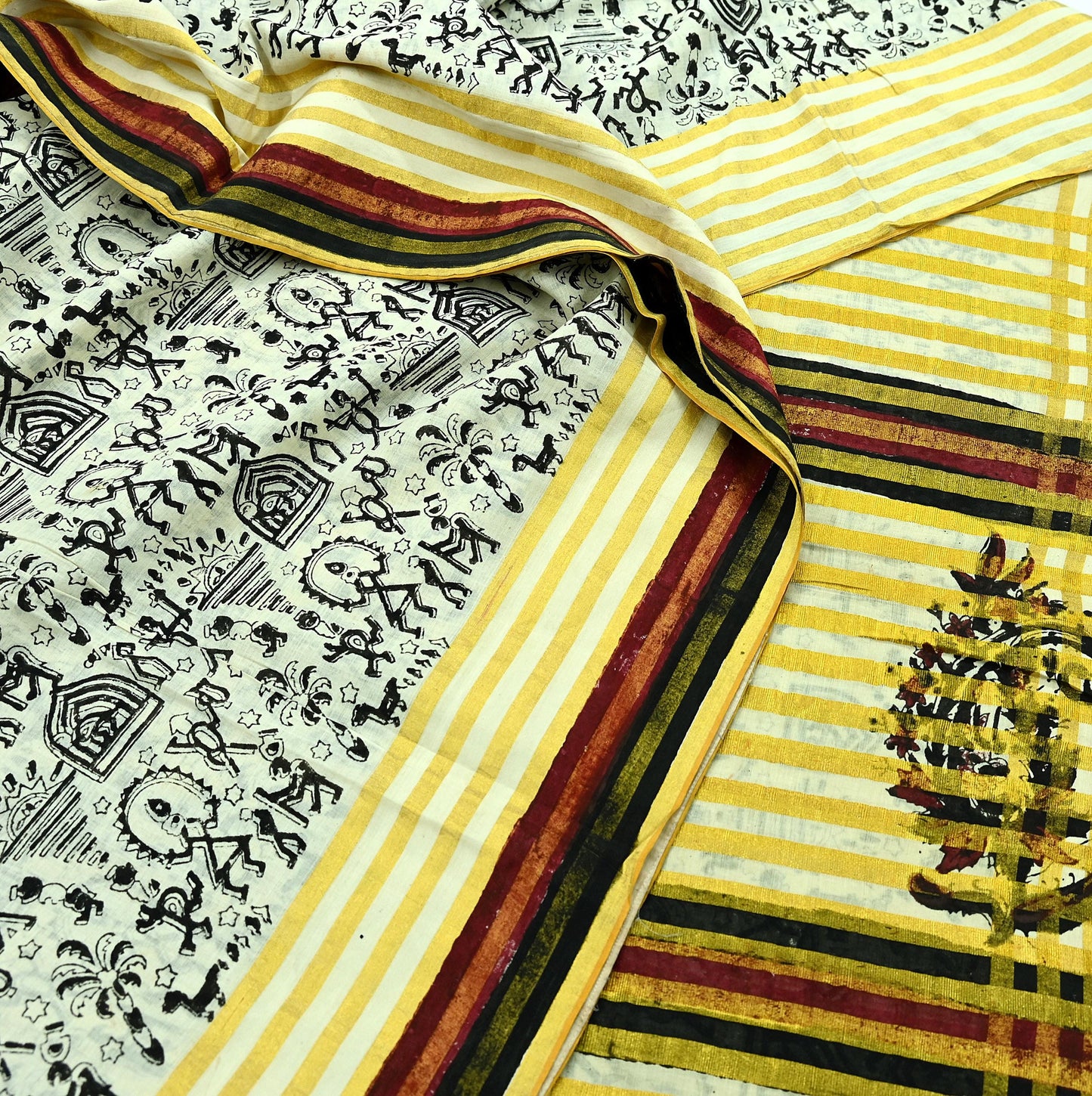 Indian Vintage Ivory Sarees Hand Woven Warli Printed 100% Pure Cotton Sari Craft Fabric 5Yd Sari Ethnic Floral Design Zari