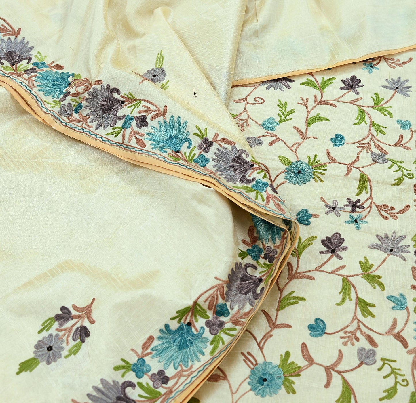 Indian Vintage Sari Ivory Artificial Silk Hand Embroidered Ari Sarees 5yd Ethnic Craft Fabric Sewing Sarees Dress making Crafting