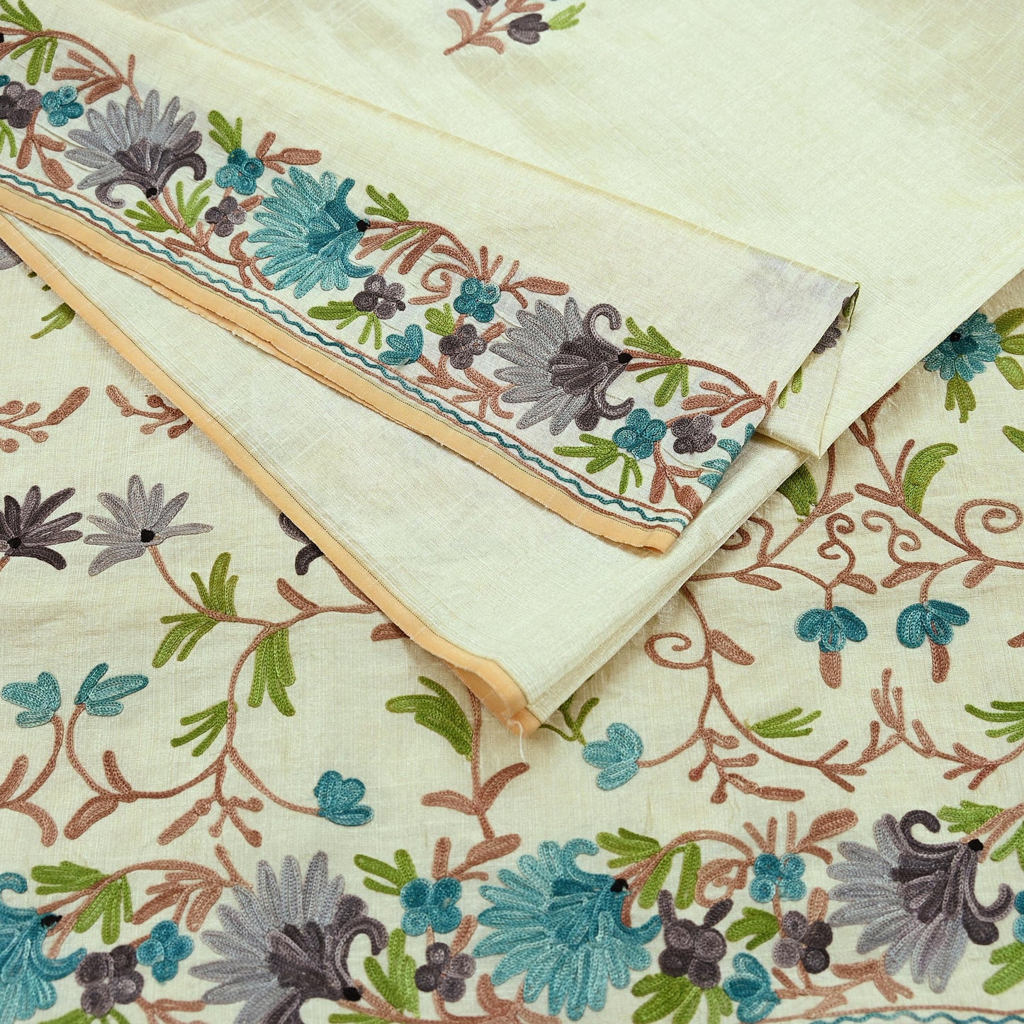 Indian Vintage Sari Ivory Artificial Silk Hand Embroidered Ari Sarees 5yd Ethnic Craft Fabric Sewing Sarees Dress making Crafting