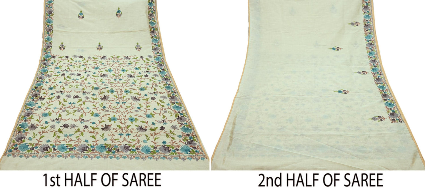 Indian Vintage Sari Ivory Artificial Silk Hand Embroidered Ari Sarees 5yd Ethnic Craft Fabric Sewing Sarees Dress making Crafting