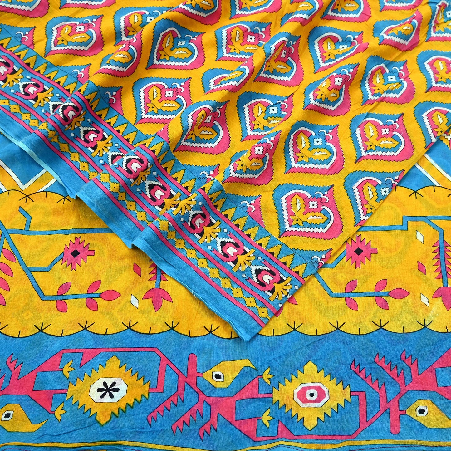 Indian Vintage Sari Blue & Yellow Printed 100% Pure Cotton Saree Craft Fabric 5Yd Soft Sewing Sarong Wrap Boho Dress making Quilting Upcycle
