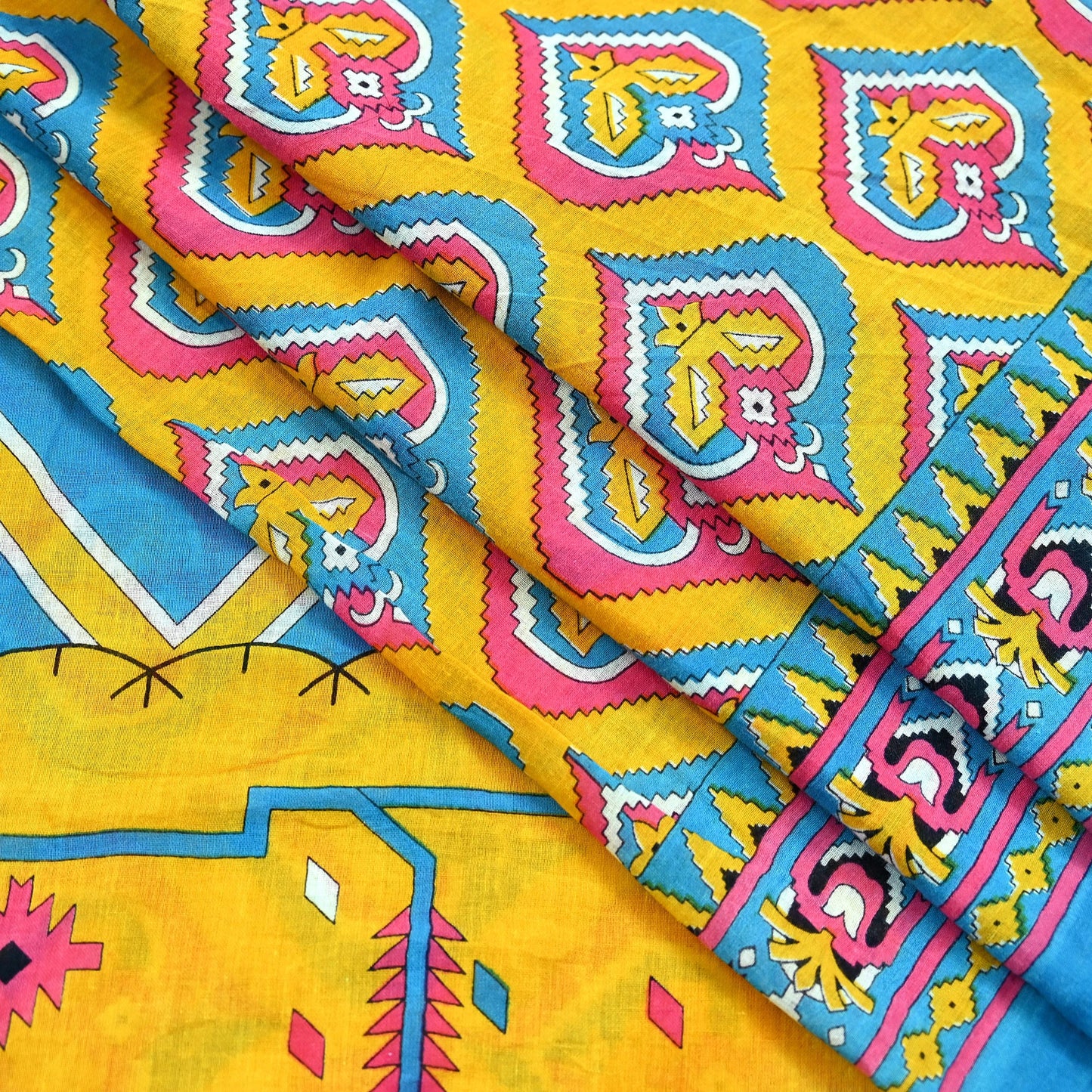 Indian Vintage Sari Blue & Yellow Printed 100% Pure Cotton Saree Craft Fabric 5Yd Soft Sewing Sarong Wrap Boho Dress making Quilting Upcycle