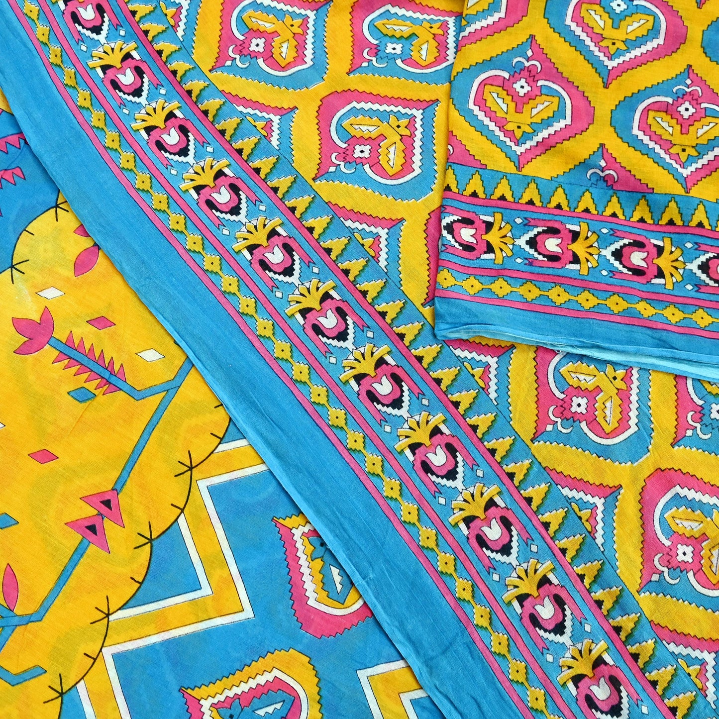 Indian Vintage Sari Blue & Yellow Printed 100% Pure Cotton Saree Craft Fabric 5Yd Soft Sewing Sarong Wrap Boho Dress making Quilting Upcycle