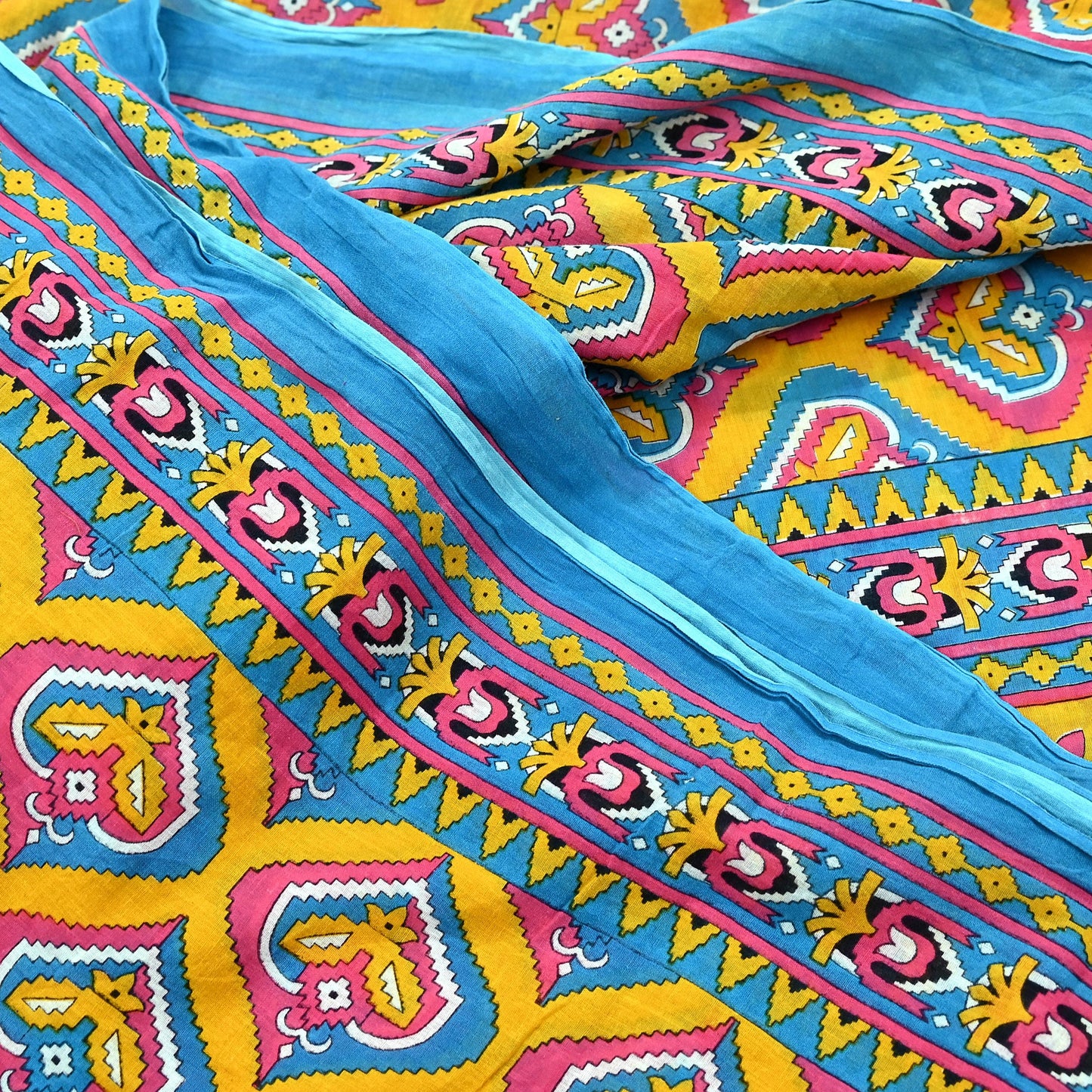 Indian Vintage Sari Blue & Yellow Printed 100% Pure Cotton Saree Craft Fabric 5Yd Soft Sewing Sarong Wrap Boho Dress making Quilting Upcycle