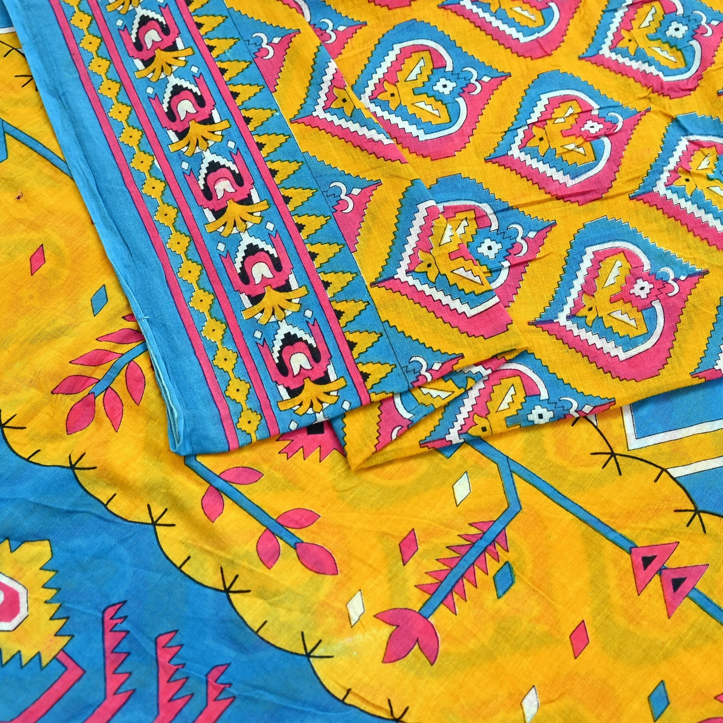 Indian Vintage Sari Blue & Yellow Printed 100% Pure Cotton Saree Craft Fabric 5Yd Soft Sewing Sarong Wrap Boho Dress making Quilting Upcycle