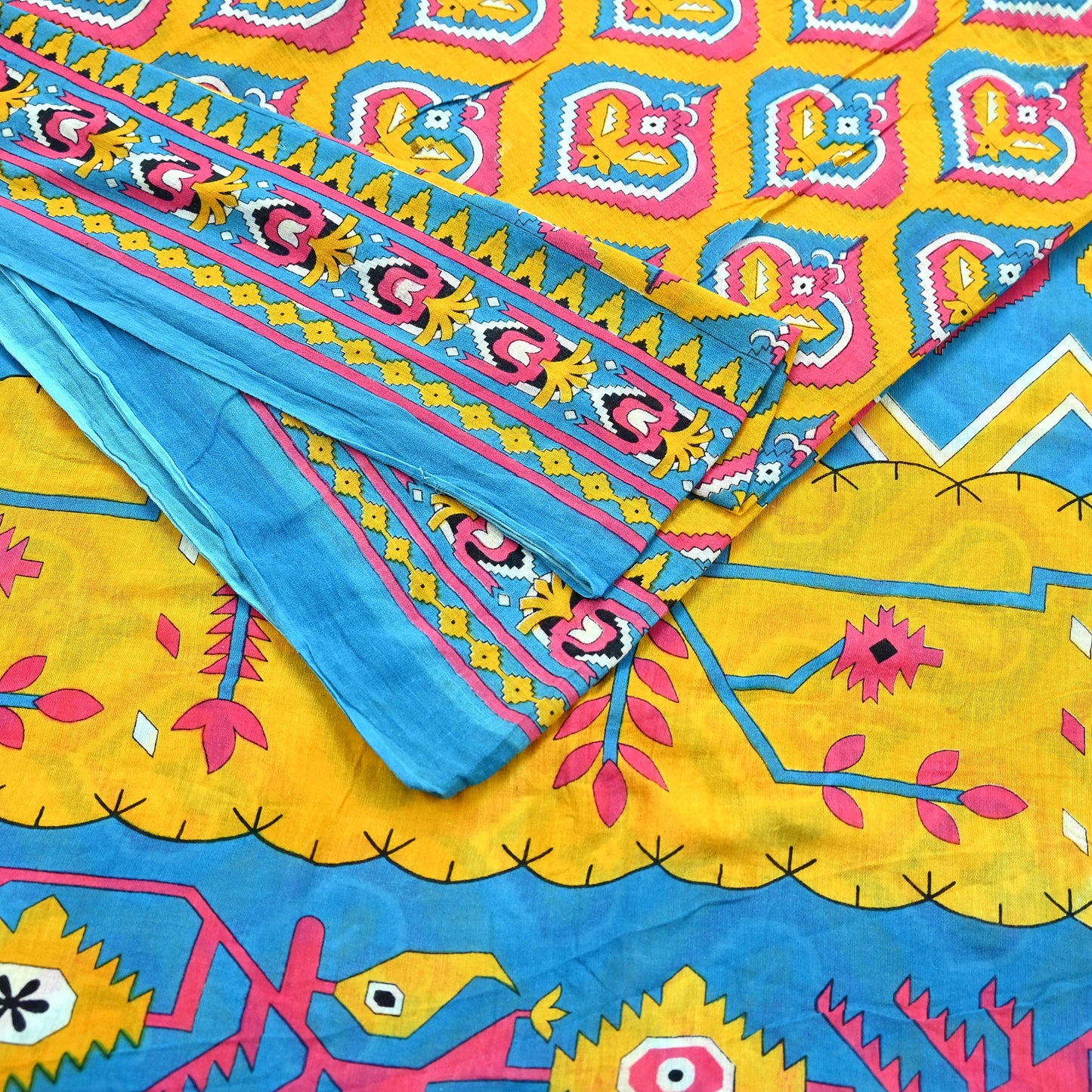 Indian Vintage Sari Blue & Yellow Printed 100% Pure Cotton Saree Craft Fabric 5Yd Soft Sewing Sarong Wrap Boho Dress making Quilting Upcycle