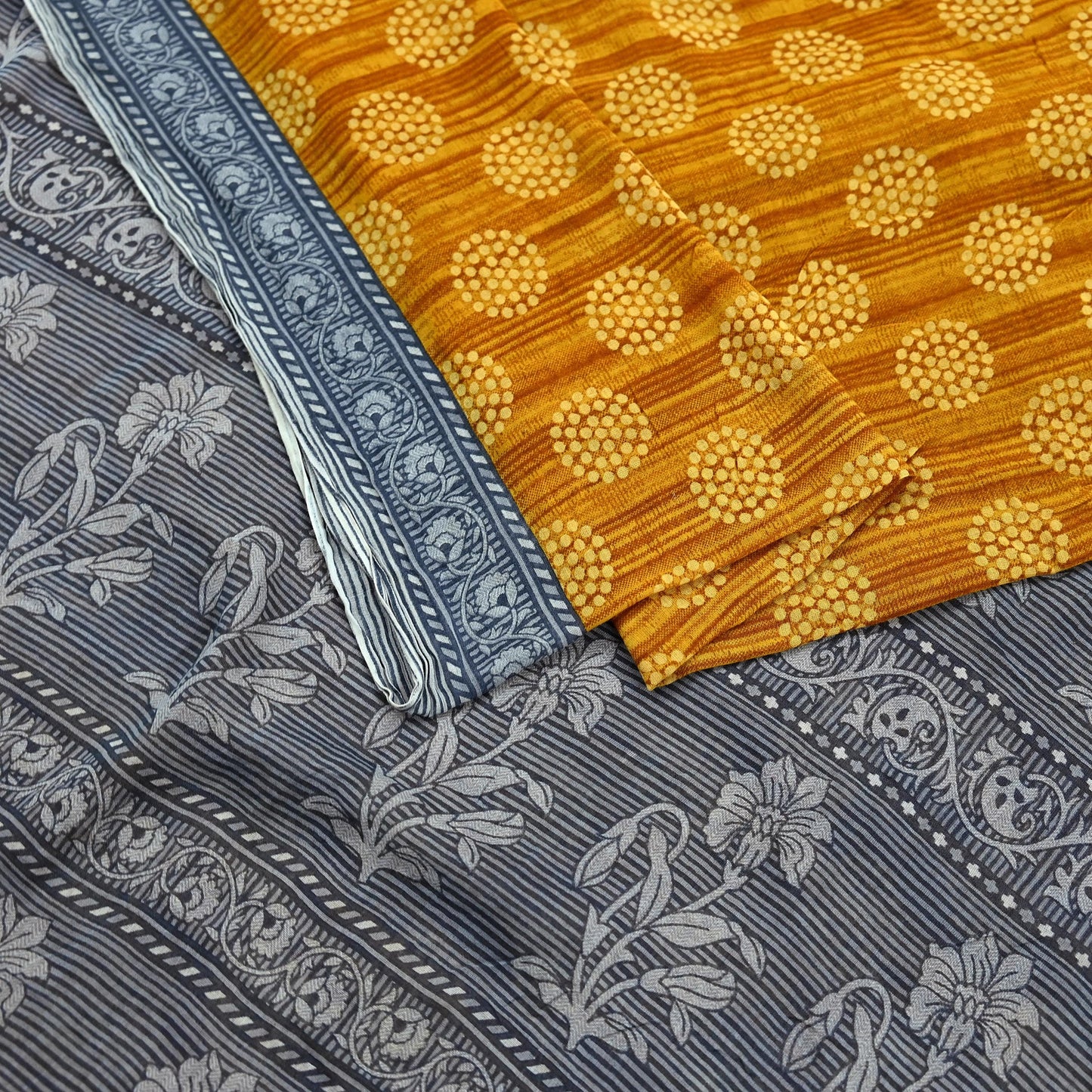 Indian Vintage Gray & Mustard Saree Printed Pure Cotton Sari Craft Fabric 5Yd Soft Sewing Sarong Wrap Boho Floral Dress making Crafting