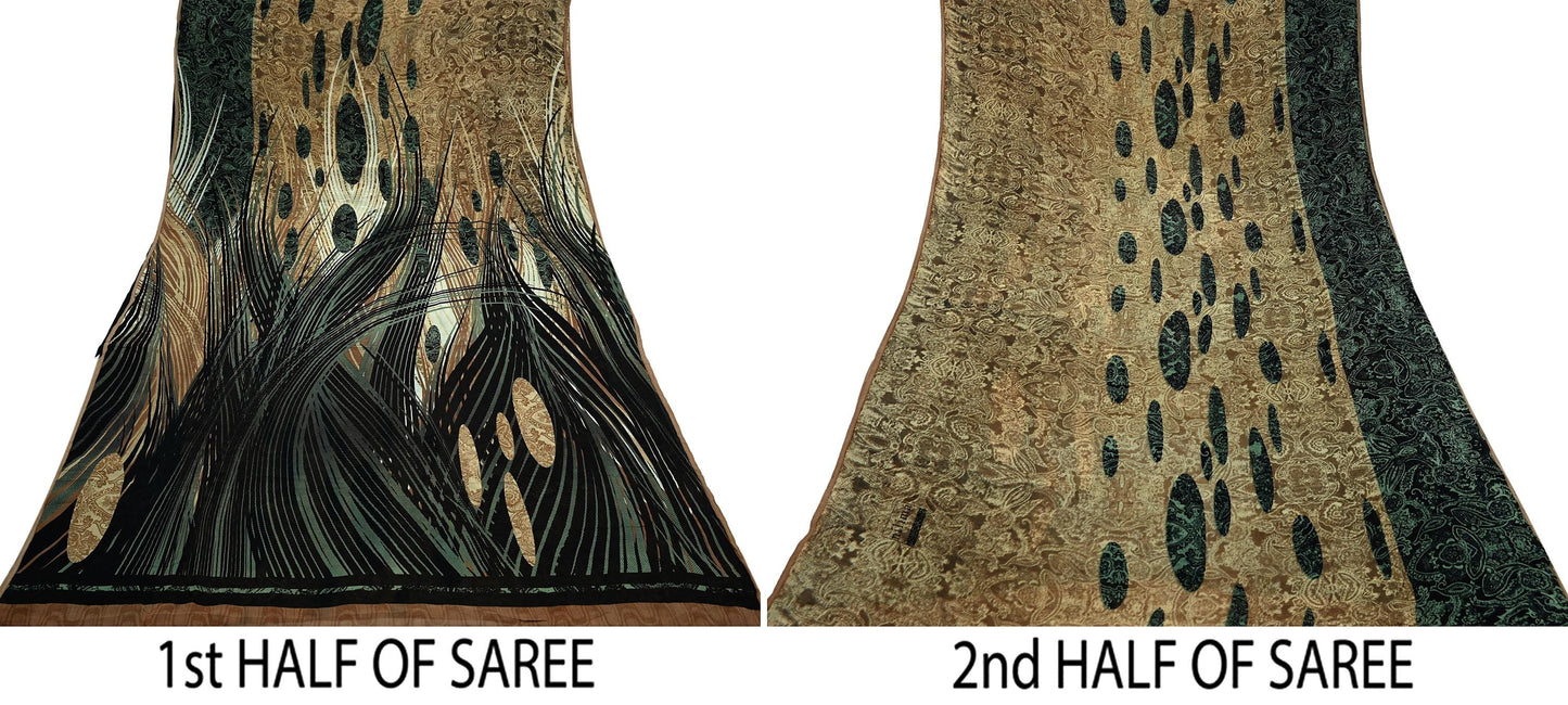 Indian Women Vintage Sari Black & Brown 100% Pure Georgette Silk Printed Saree Sewing 5yd Soft Craft Fabric Dress Making Dress Designing