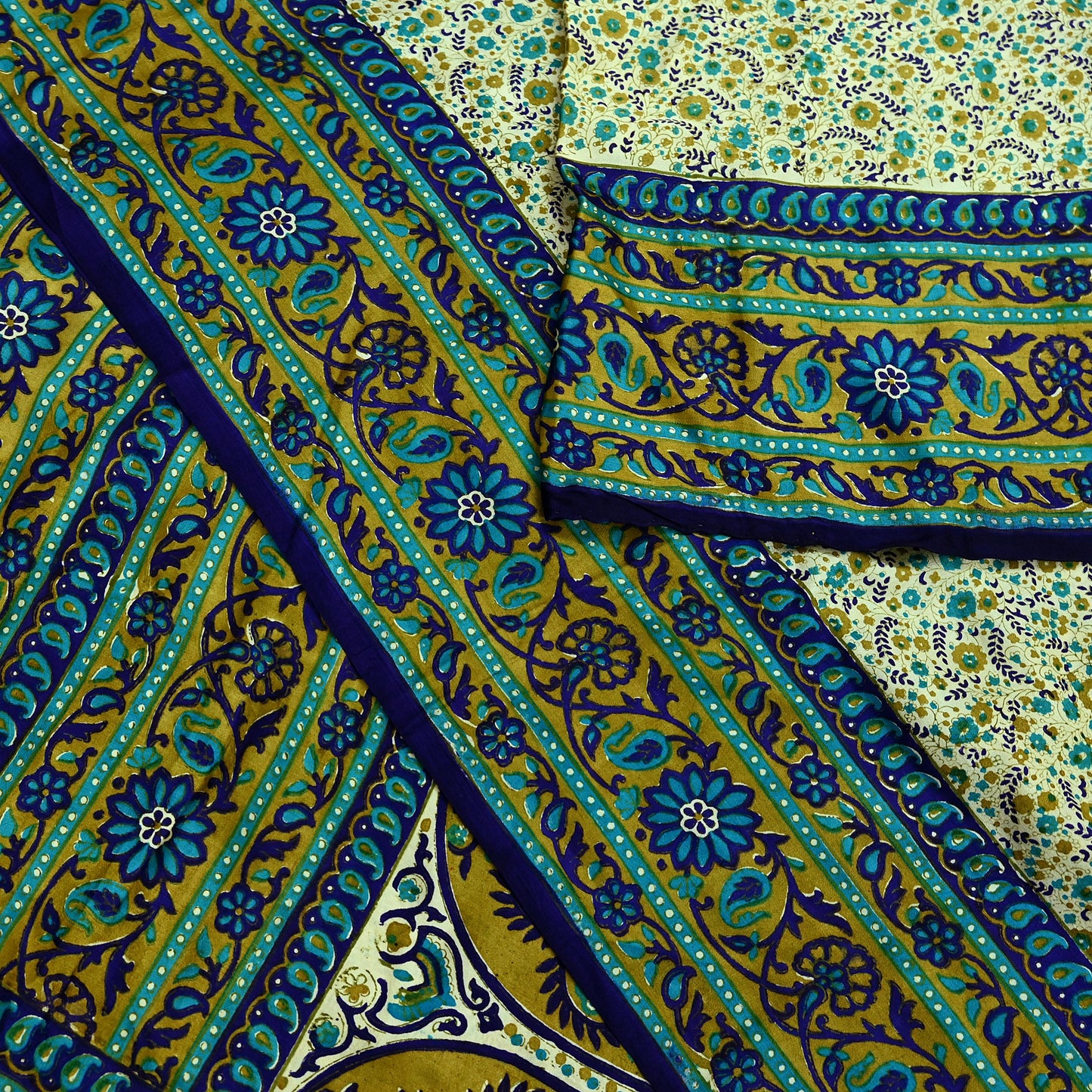 Indian Vintage Sari Ivory & Blue Printed 100% Pure Satin Silk Sarees 5yd Sewing Craft Fabric Dress Making Wrap Upcycle Quilting Crafting
