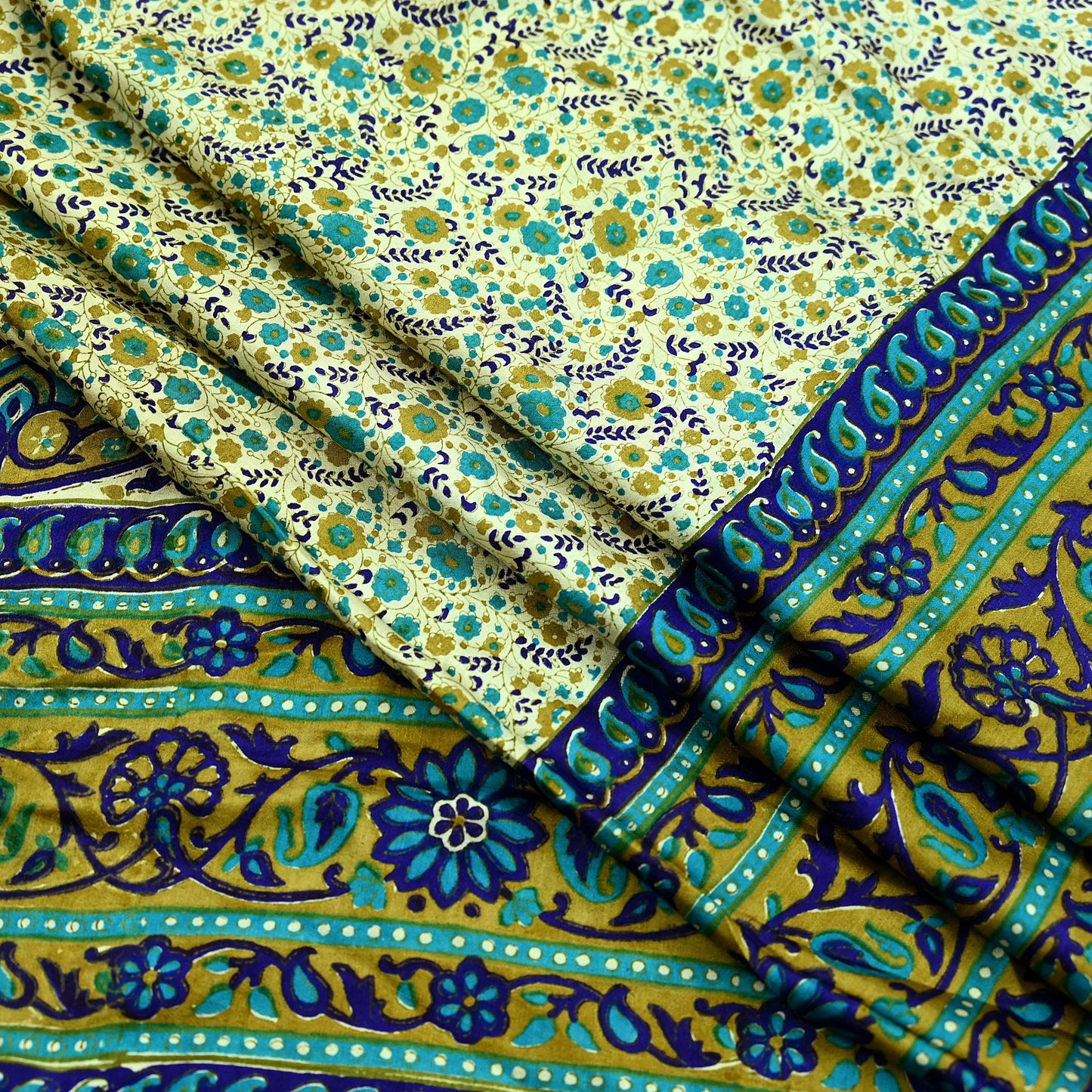 Indian Vintage Sari Ivory & Blue Printed 100% Pure Satin Silk Sarees 5yd Sewing Craft Fabric Dress Making Wrap Upcycle Quilting Crafting