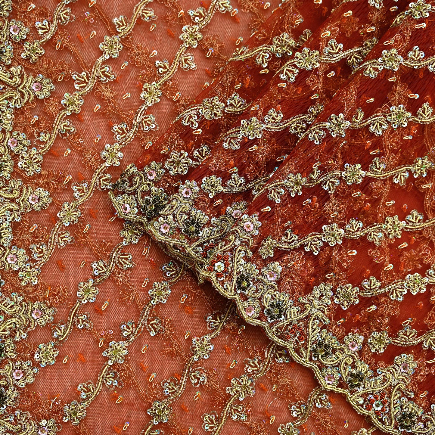 Indian Vintage Bridal Heavy Orange Dupatta Net Mesh Long Stole Hand Embroidered Scarves Golden Zardozi Dabka Zari Sequins Wedding Veil