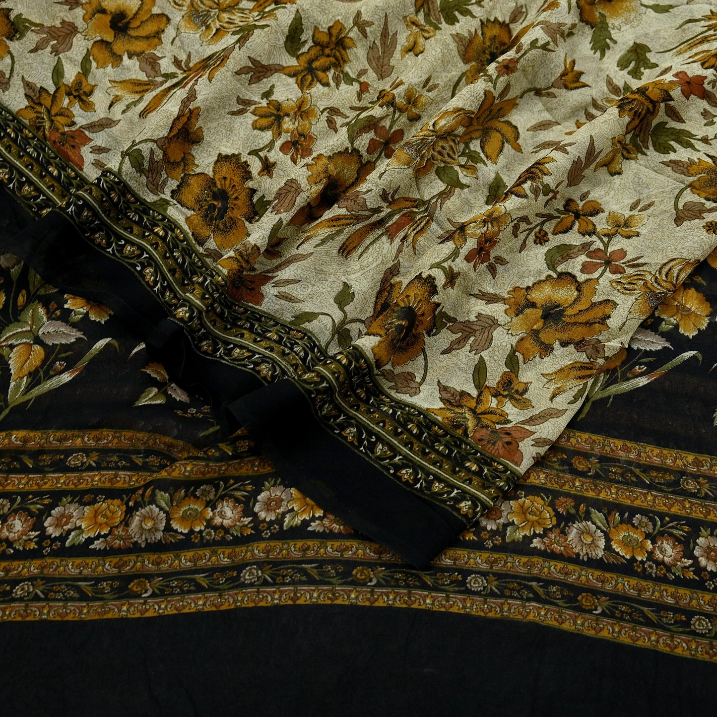 Indian Vintage Dupatta Black & Ivory Long Stole printed stole Pure Georgette Silk Scarves Veil Wrap Soft