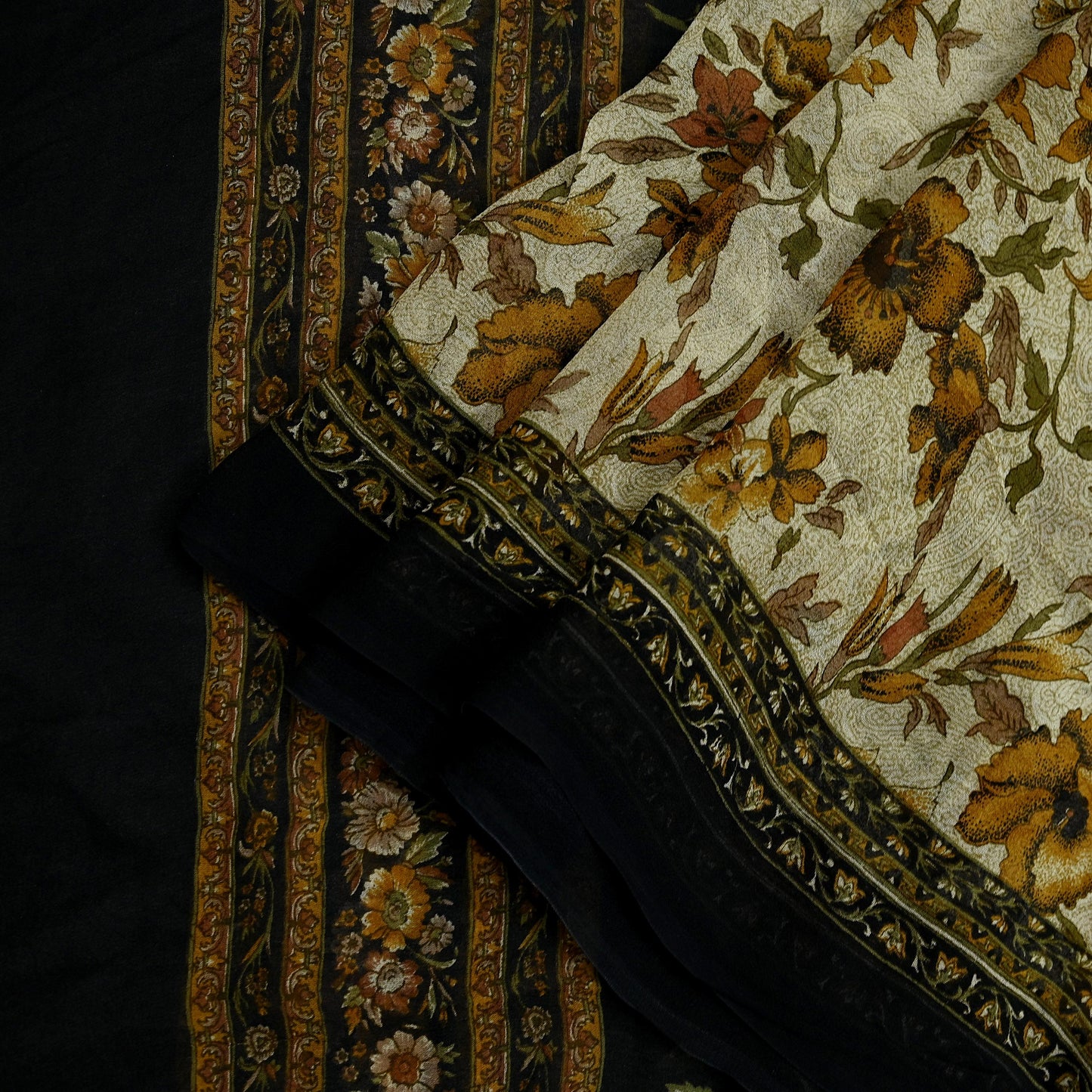 Indian Vintage Dupatta Black & Ivory Long Stole printed stole Pure Georgette Silk Scarves Veil Wrap Soft