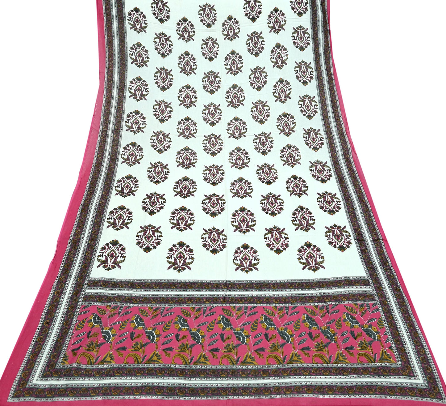 Indian Vintage Dupatta White & Pink Long Stole Block Print Pure Cotton Indian Scarves Scarf Veil Wrap Boho Soft Floral Design