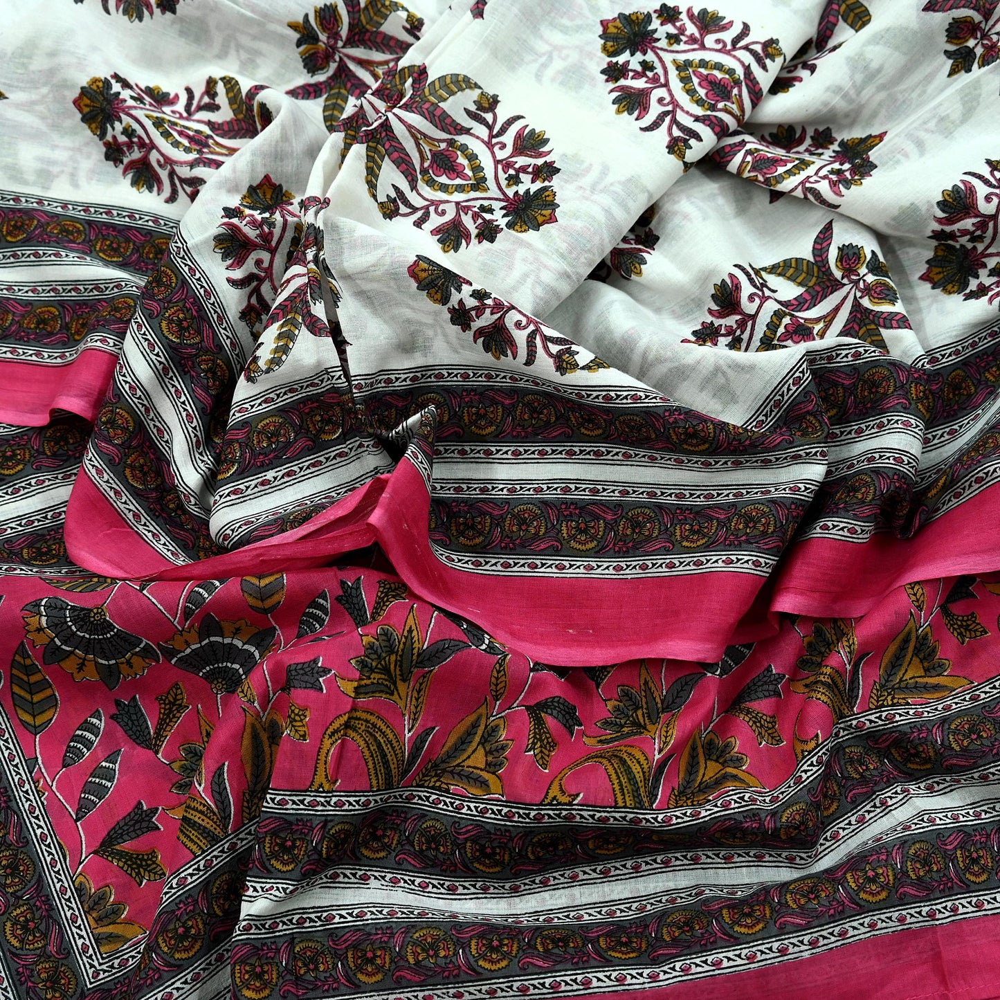 Indian Vintage Dupatta White & Pink Long Stole Block Print Pure Cotton Indian Scarves Scarf Veil Wrap Boho Soft Floral Design