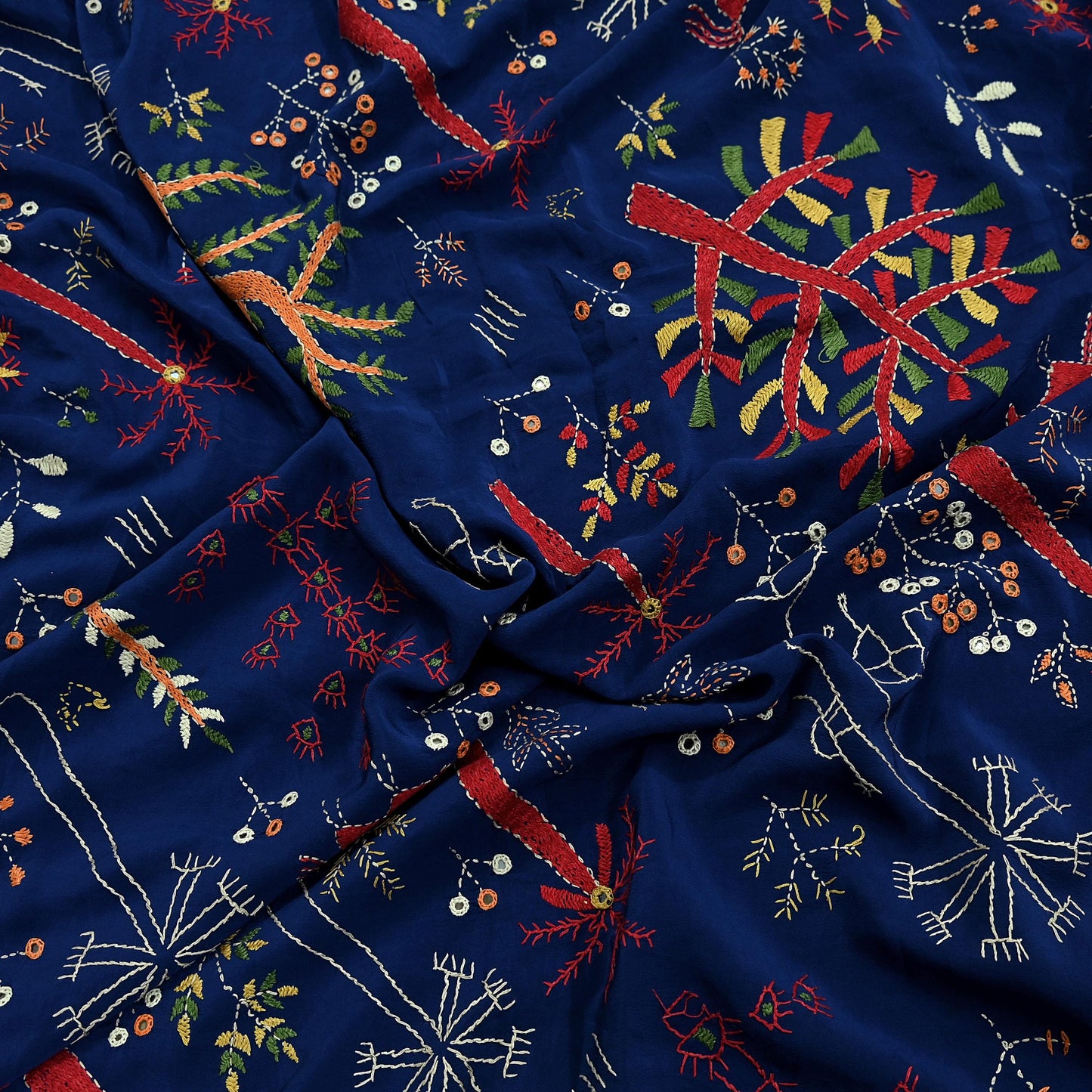Indian Vintage Dupatta Blue Long Stole Pure Crepe Silk Hand Embroidered kantha stole Scarves Veil Wrap Soft Floral