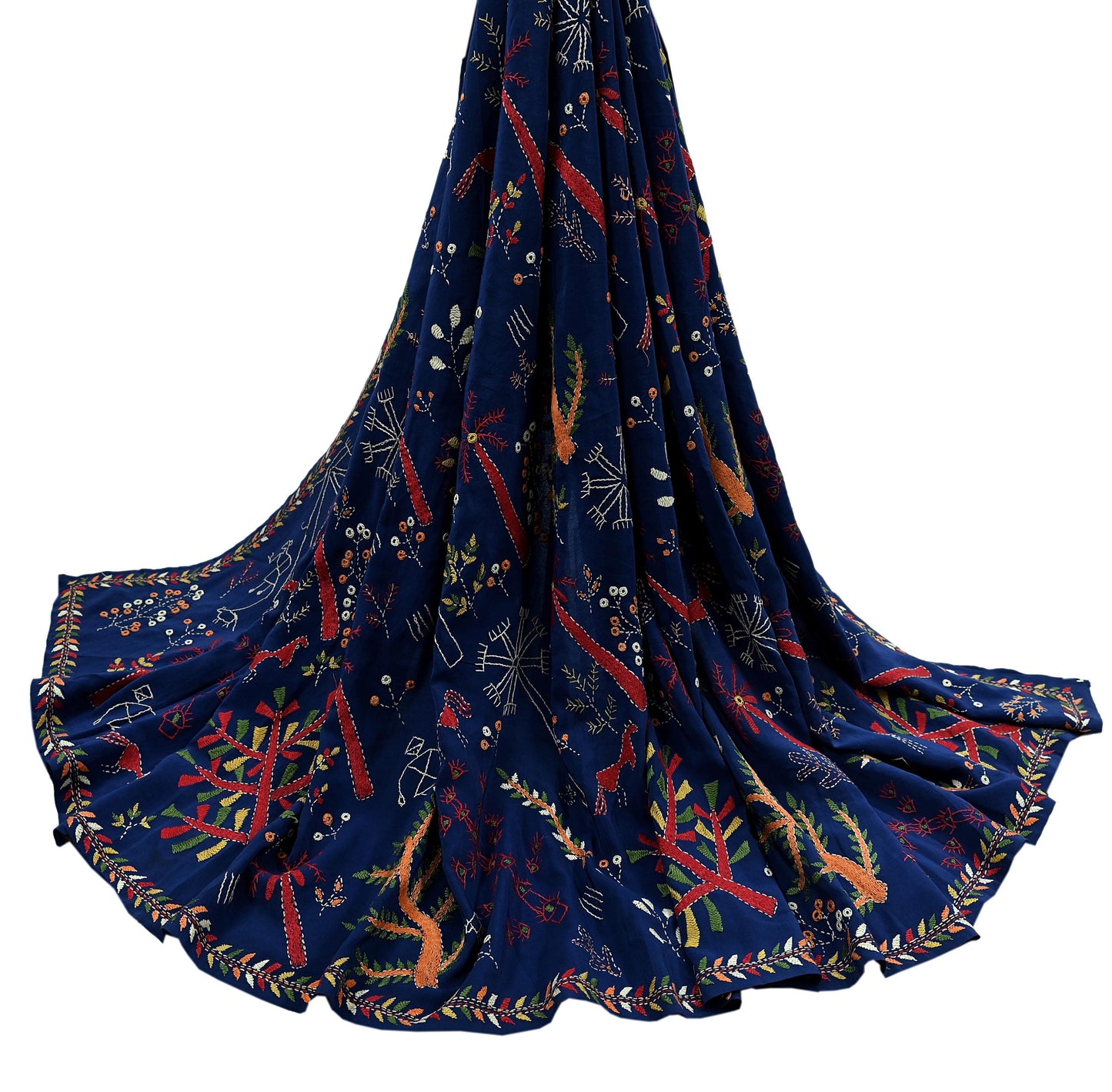 Indian Vintage Dupatta Blue Long Stole Pure Crepe Silk Hand Embroidered kantha stole Scarves Veil Wrap Soft Floral