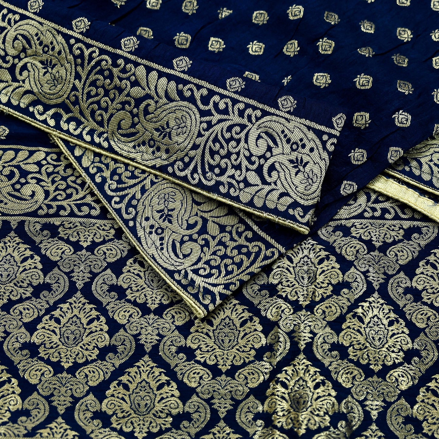 Indian Vintage Blue Dupatta Long Stole Artificial Silk Woven Brocade Scarves Veil Scarf Wrap Hippie Boho Soft Floral