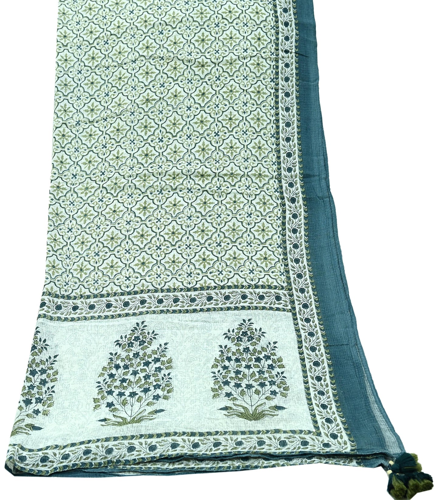 Indian Vintage Dupatta White & Gray Long Stole Block Print Pure Cotton Scarves Scarf Veil Wrap Boho Soft Floral Design