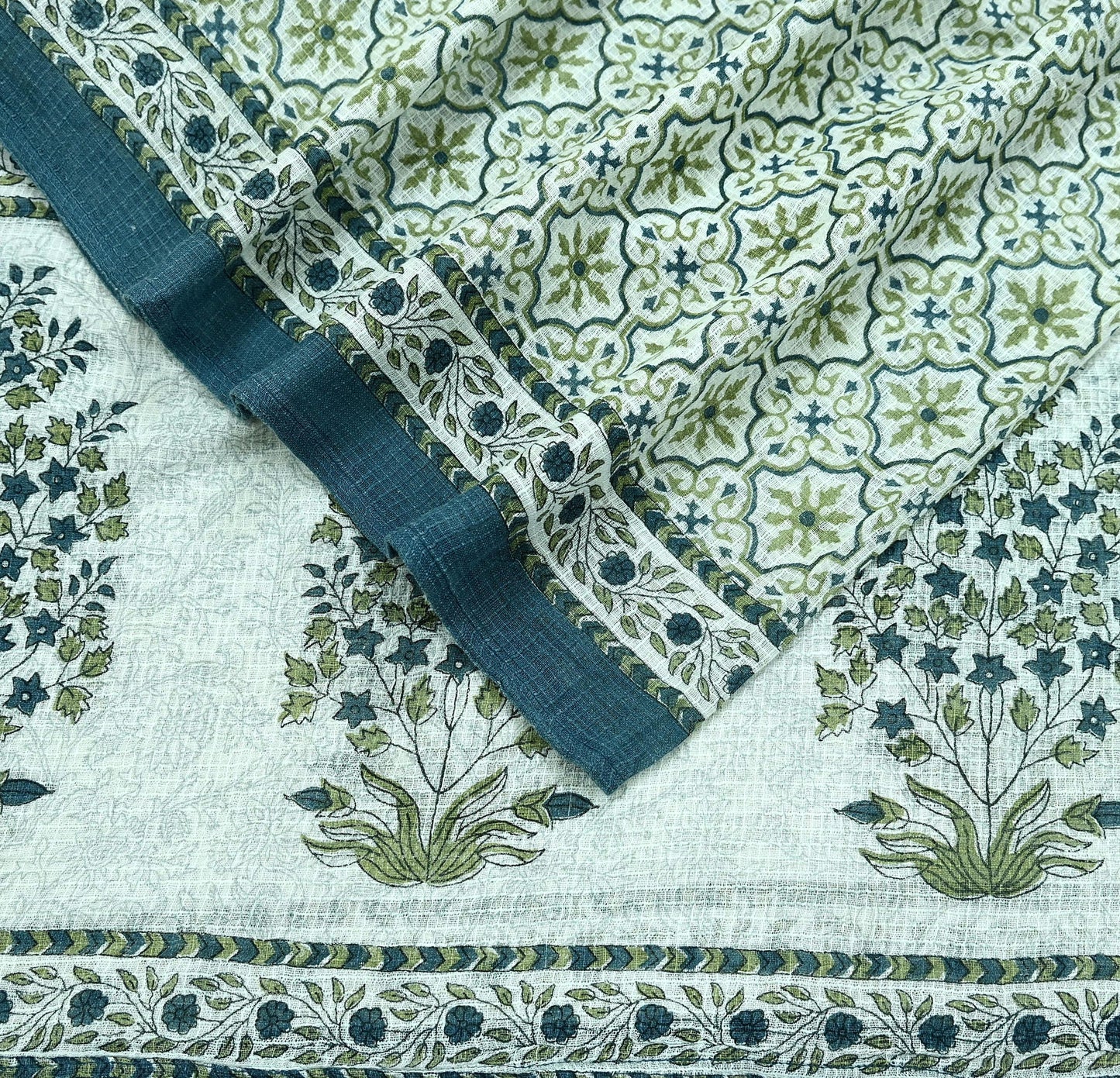Indian Vintage Dupatta White & Gray Long Stole Block Print Pure Cotton Scarves Scarf Veil Wrap Boho Soft Floral Design