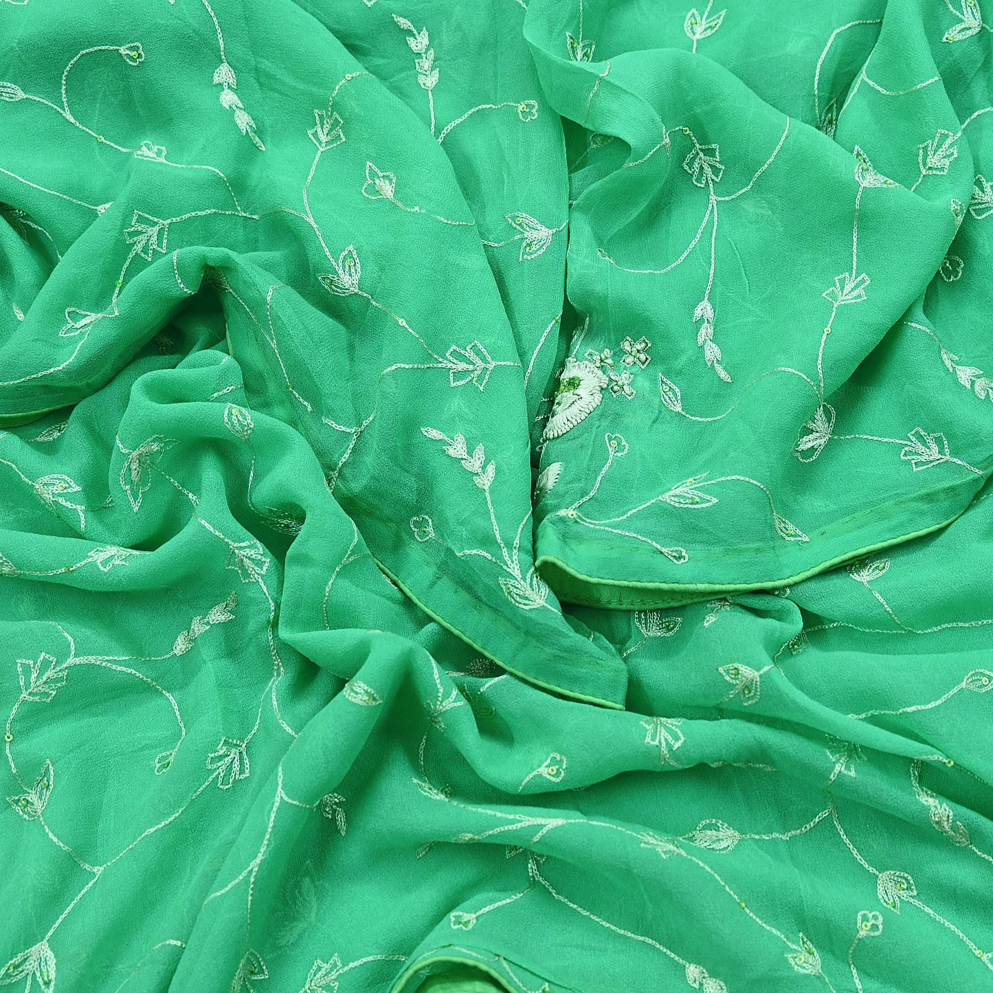 Indian Vintage Dupatta Green Pure Georgette silk Long Stole Hand Embroidered Scarves Stole Veil Wrap