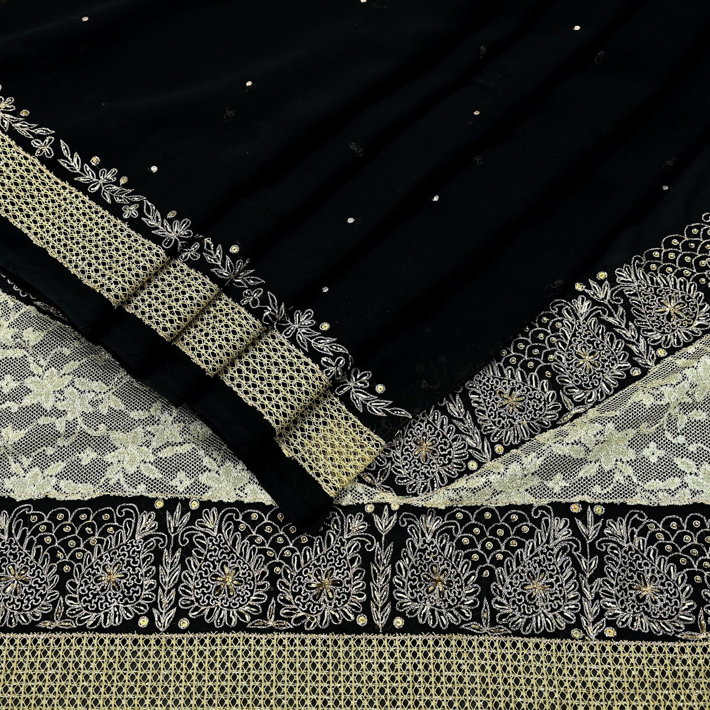 Indian Vintage Black Saree Georgette Hand Embroidered Sari Craft Fabric 5Yd Sewing Soft Ethnic Dress making Crafting Quilting Dabka