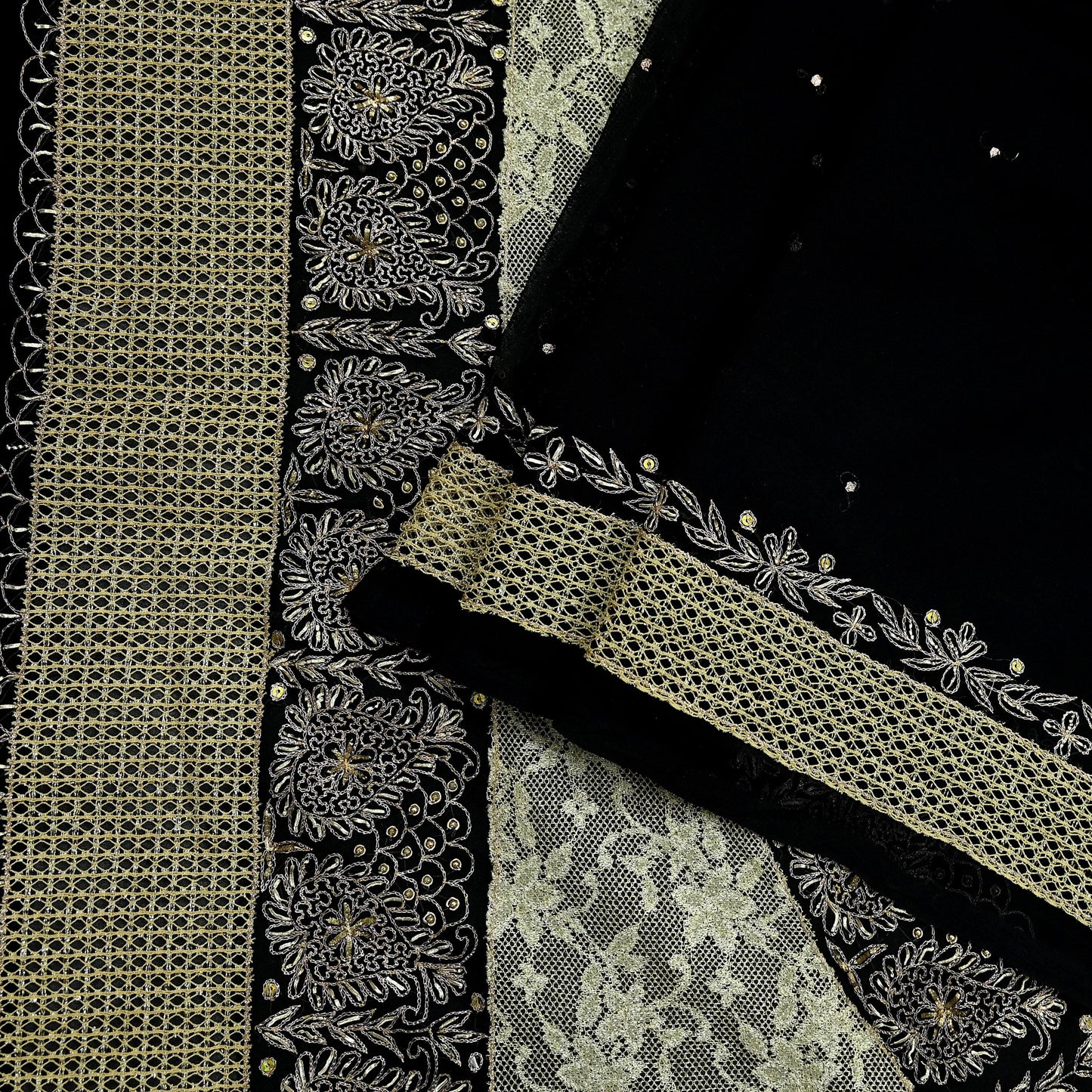 Indian Vintage Black Saree Georgette Hand Embroidered Sari Craft Fabric 5Yd Sewing Soft Ethnic Dress making Crafting Quilting Dabka