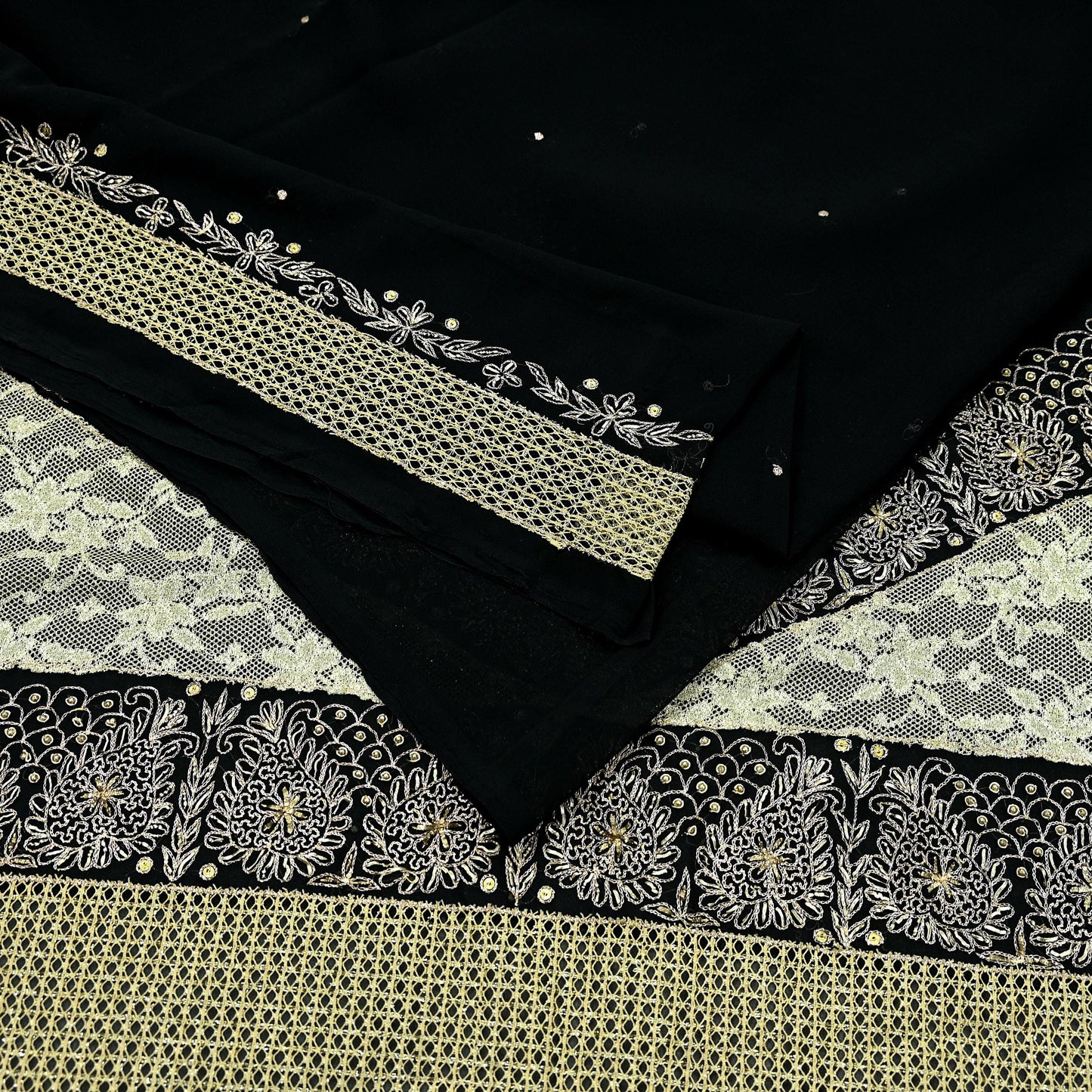Indian Vintage Black Saree Georgette Hand Embroidered Sari Craft Fabric 5Yd Sewing Soft Ethnic Dress making Crafting Quilting Dabka