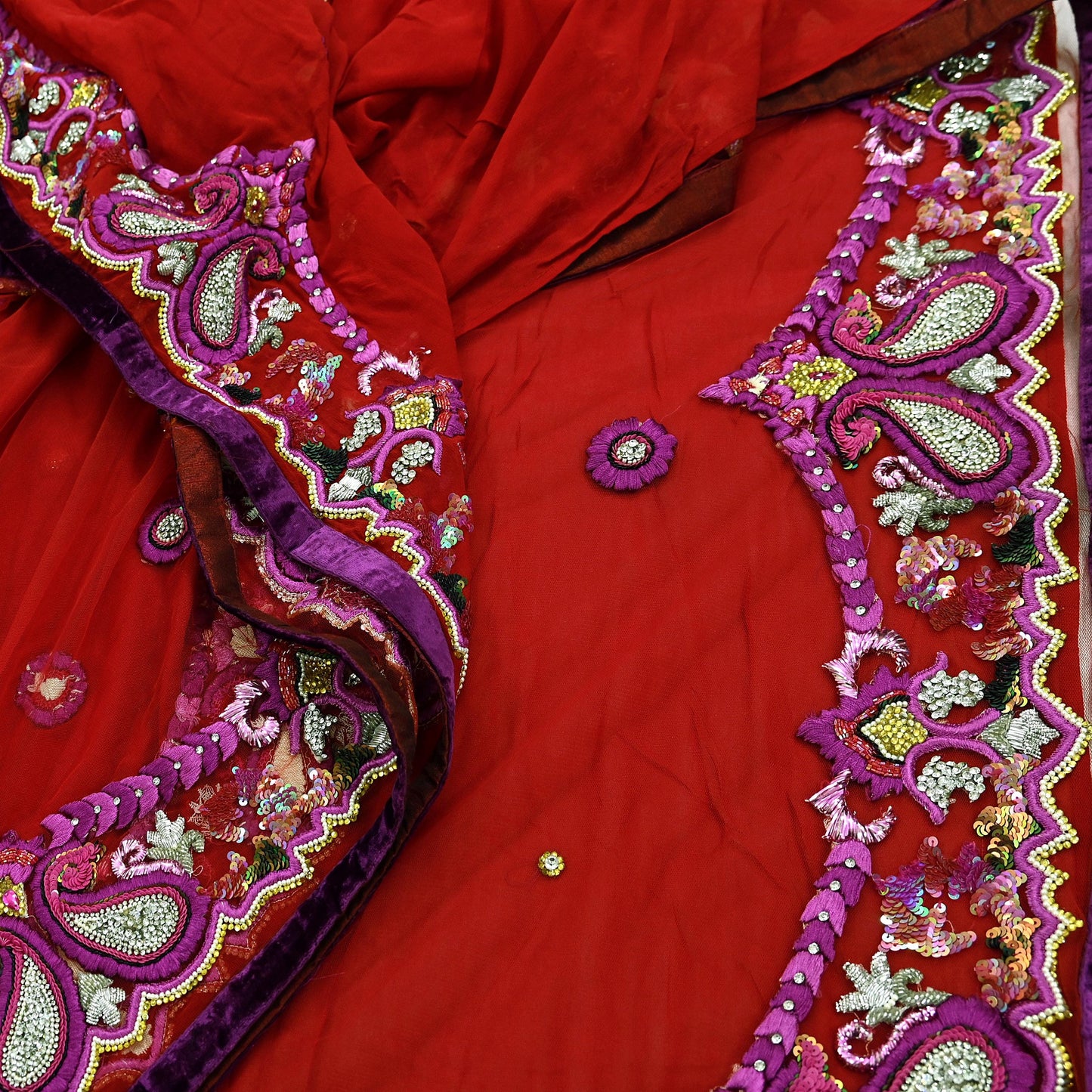 Indian Vintage Heavy Sari Red Net/Georgette Silk Hand Embroidered Sarees Craft Fabric 6Yd Sewing Soft Wedding sarees With Blouse fabric