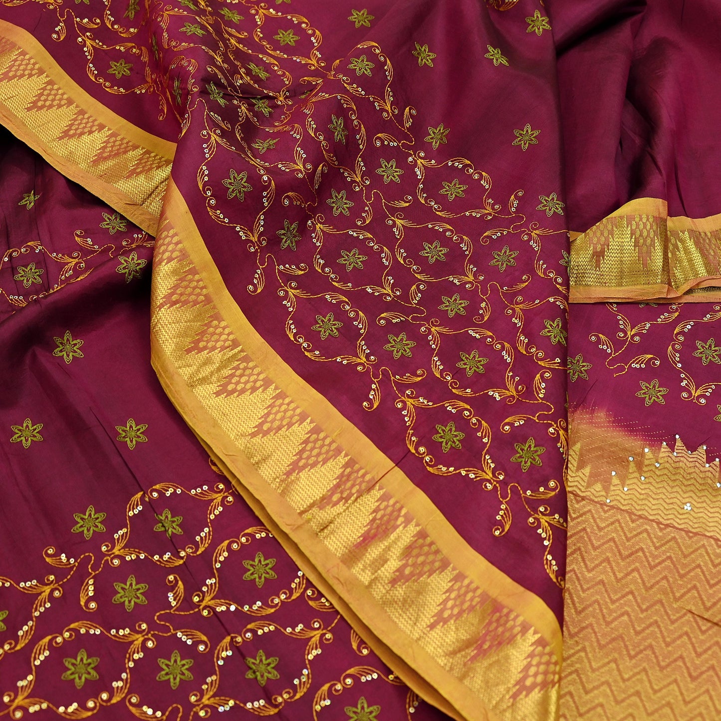 Indian Vintage Heavy Saree Maroon & Saffron Hand Woven Kanjivaram 100% Pure Silk Sari Craft Fabric 5Yd Ethnic Zari Floral