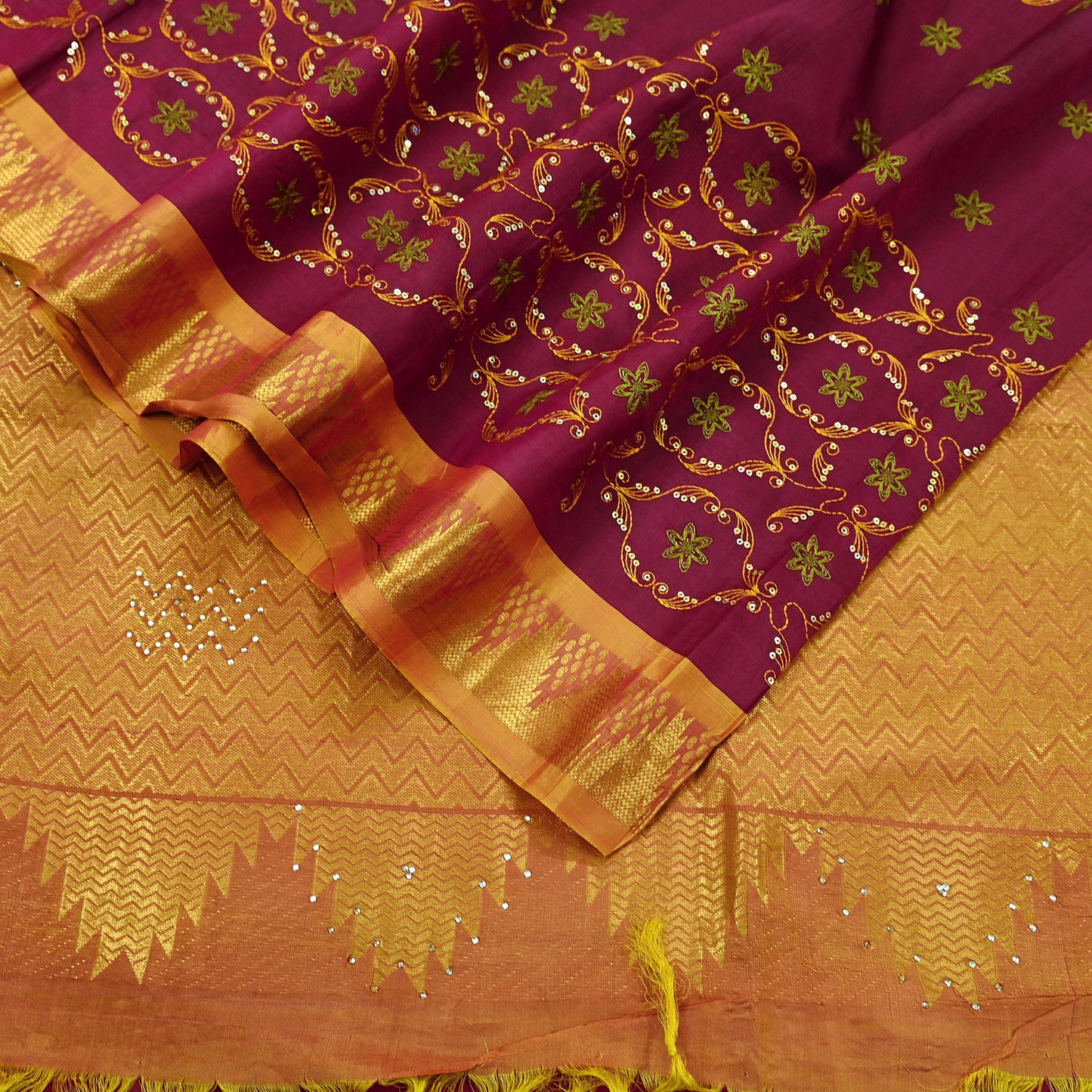 Indian Vintage Heavy Saree Maroon & Saffron Hand Woven Kanjivaram 100% Pure Silk Sari Craft Fabric 5Yd Ethnic Zari Floral
