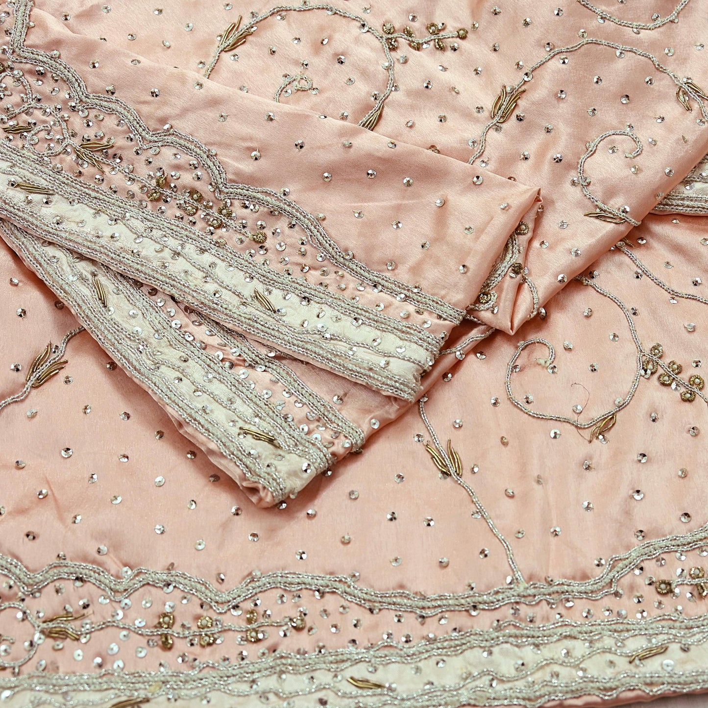 Indian Vintage Heavy Wedding Light Peach Dupatta Pure Satin Silk Long Stole Hand Embroidered Scarves Golden Zardozi Stole