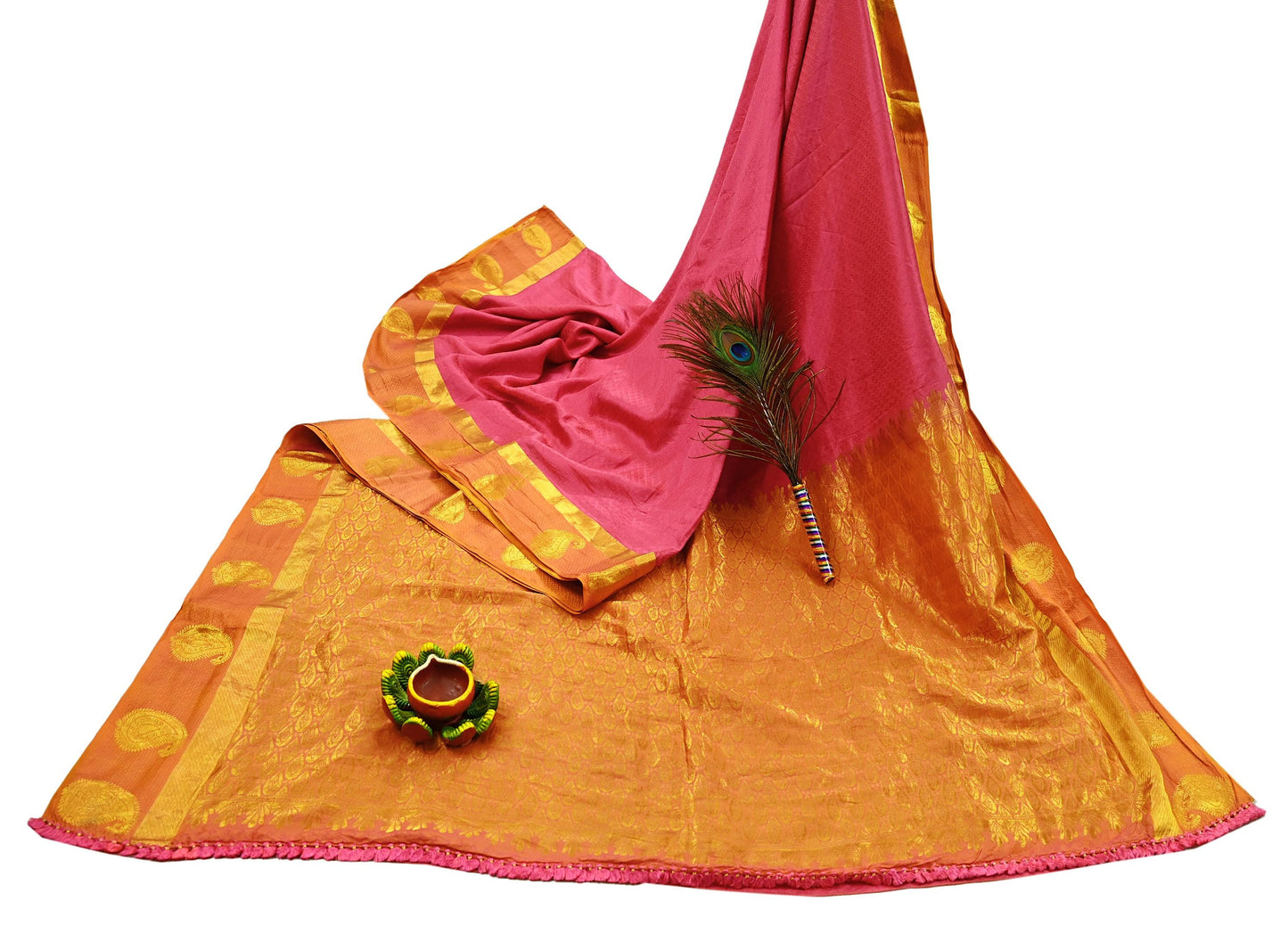Indian Vintage Heavy Sari Pink & Saffron Kanjivaram Saree 100% Pure Silk Zari 5Yd Crafting Dress making For Crafting Quilting Upcycle